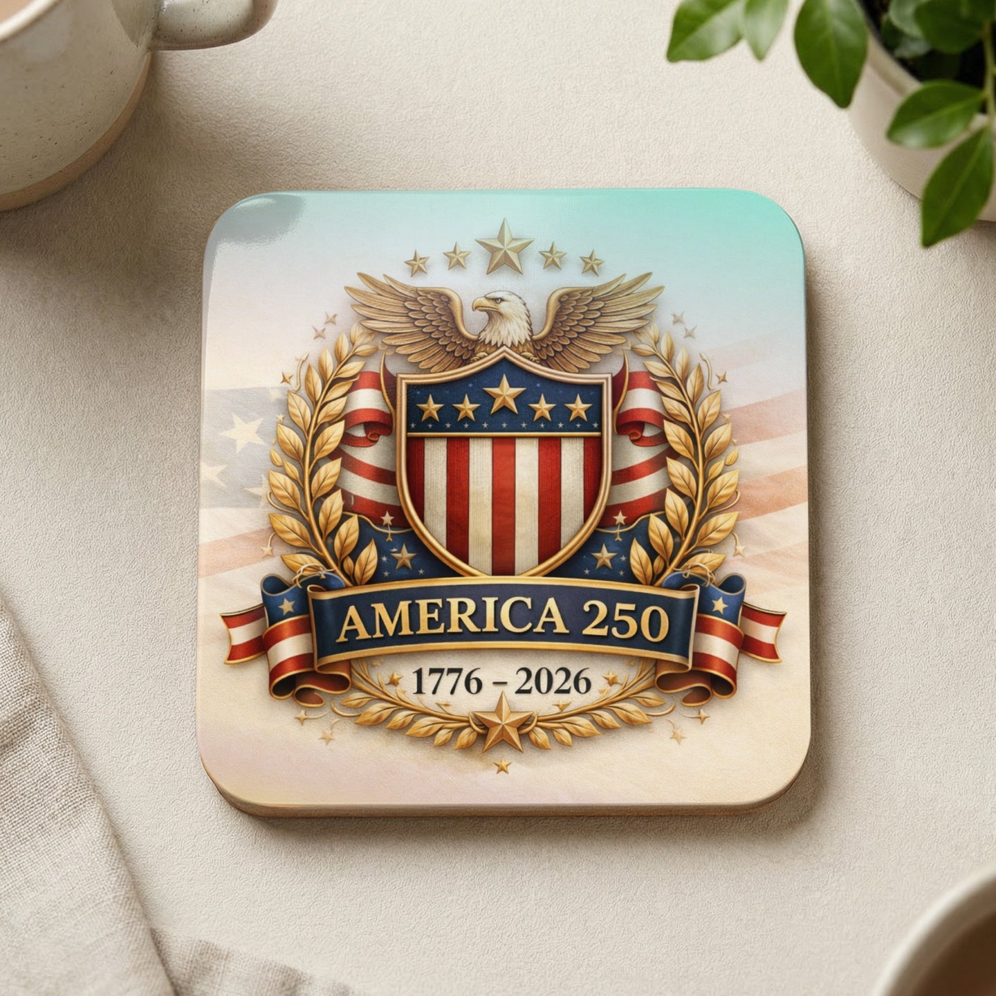 Emblem with eagle and shield, "America 250 1776-2026" text.