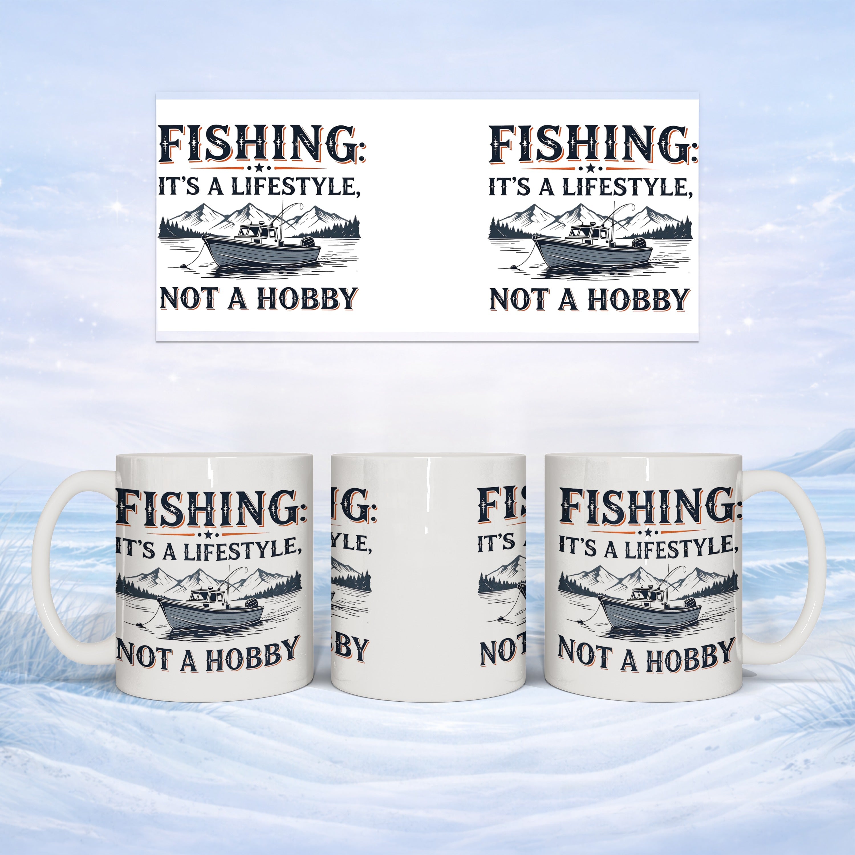 Fishing mugs with a boat and text "It's a lifestyle, not a hobby".