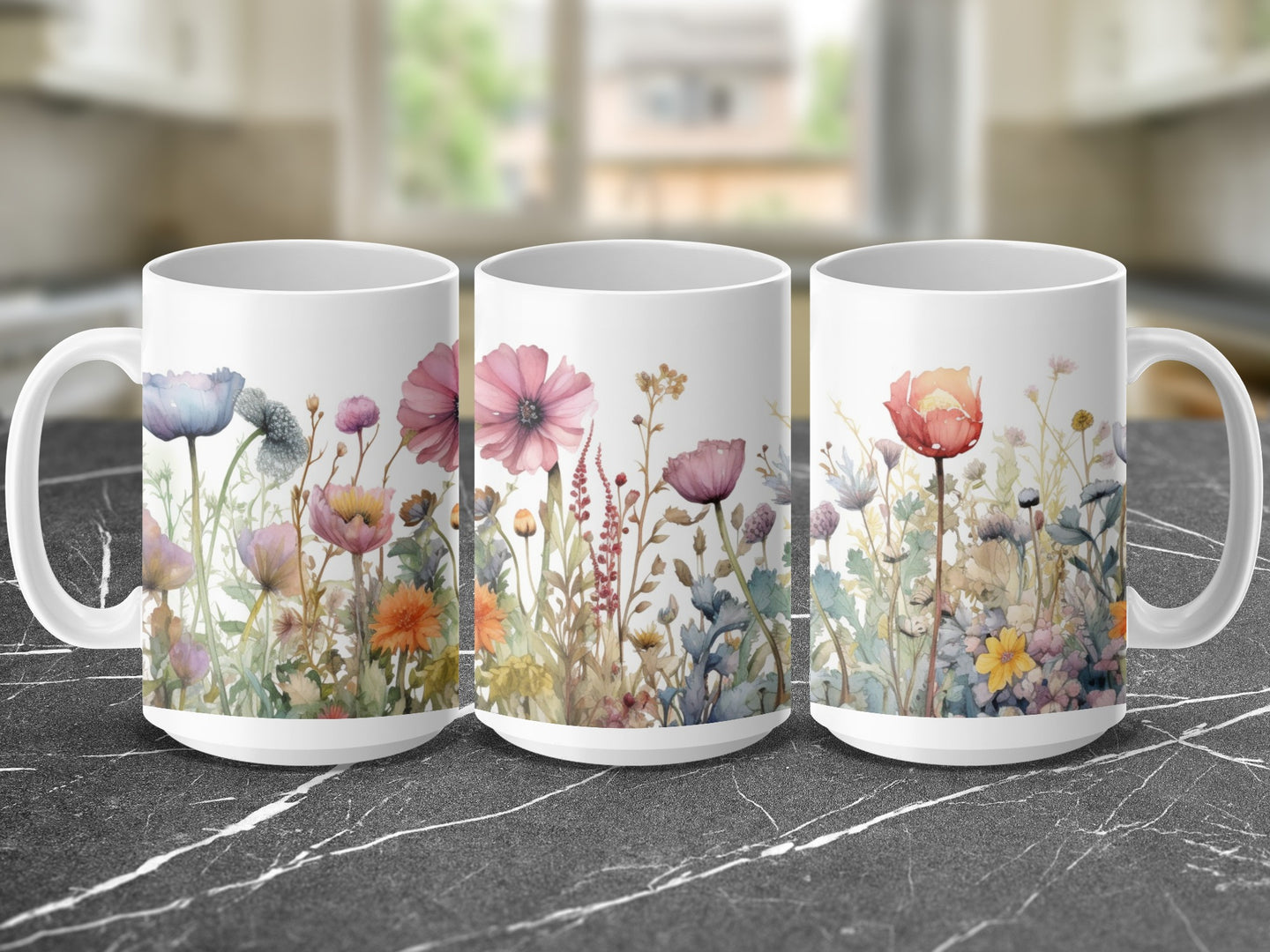 Three white mugs with a watercolor floral design wrapping around them.