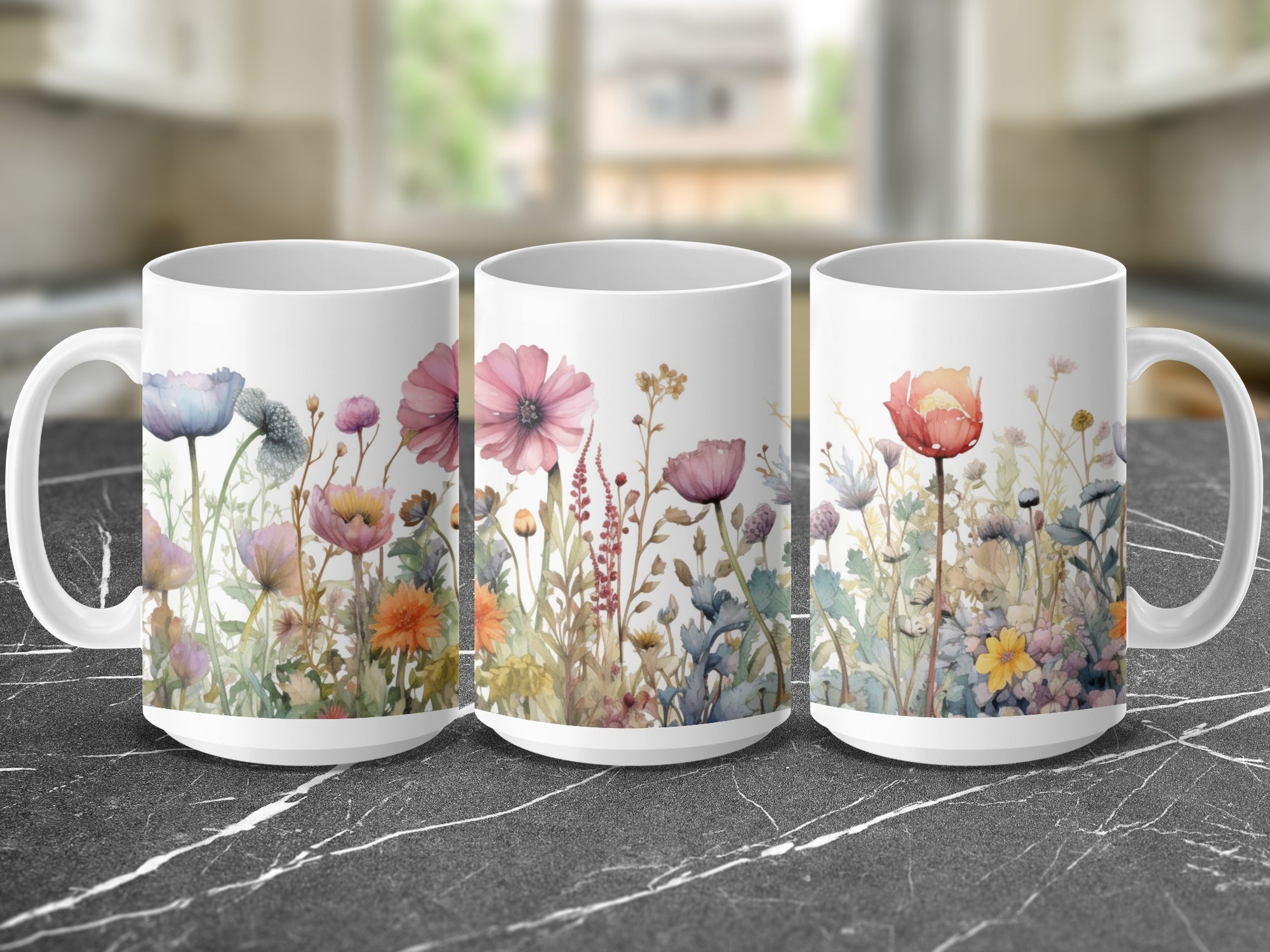 Three white mugs with a watercolor floral design wrapping around them.