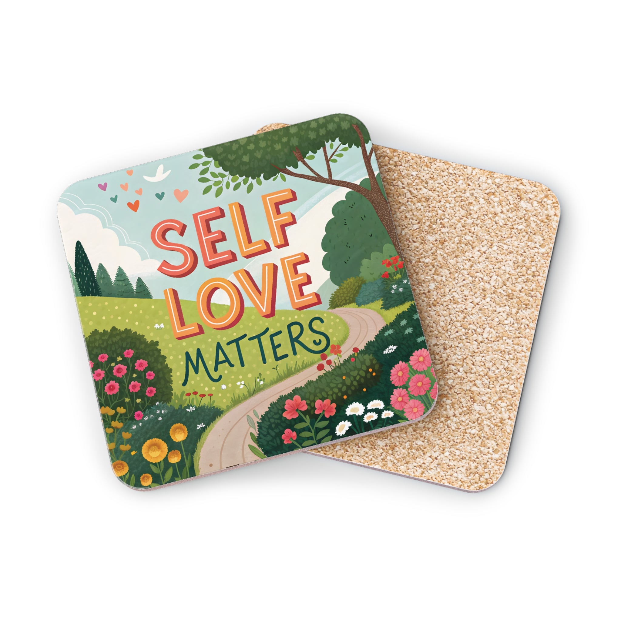 Coaster with "Self Love Matters" text on a scenic landscape.