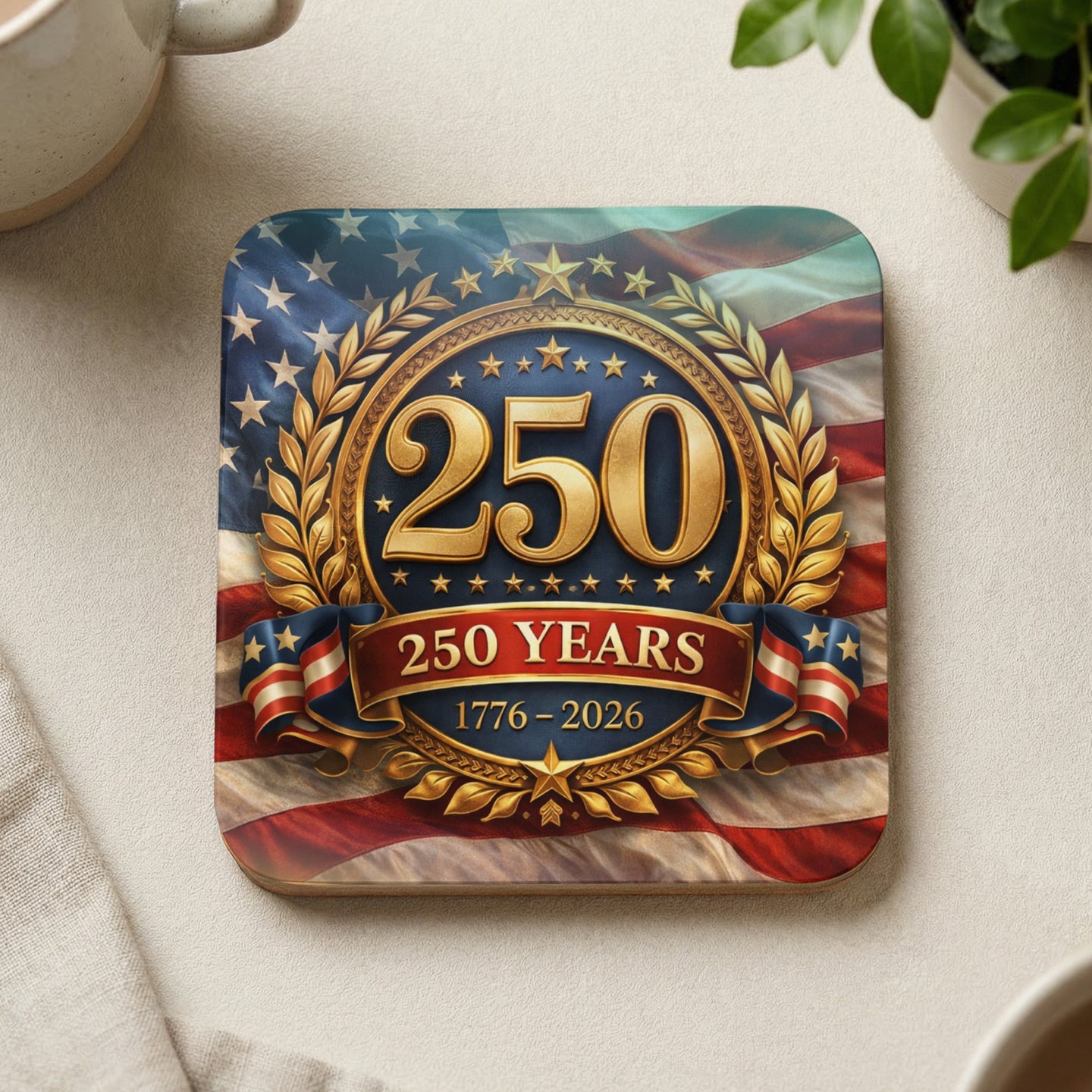 Coaster with American flag design, celebrating 250 years from 1776-2026.