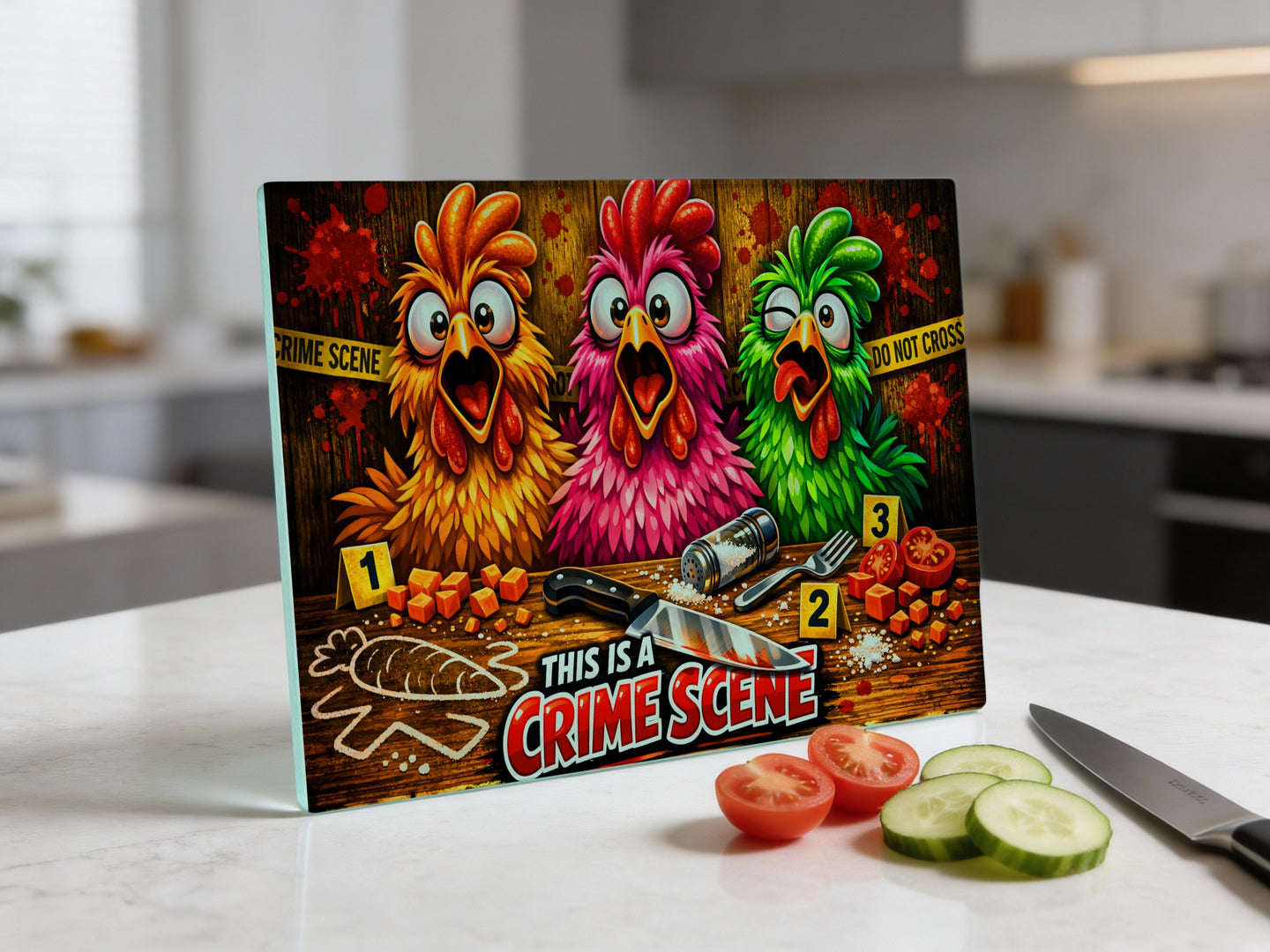 Three cartoon chickens marked 1, 2, 3, with text "This is a crime scene."