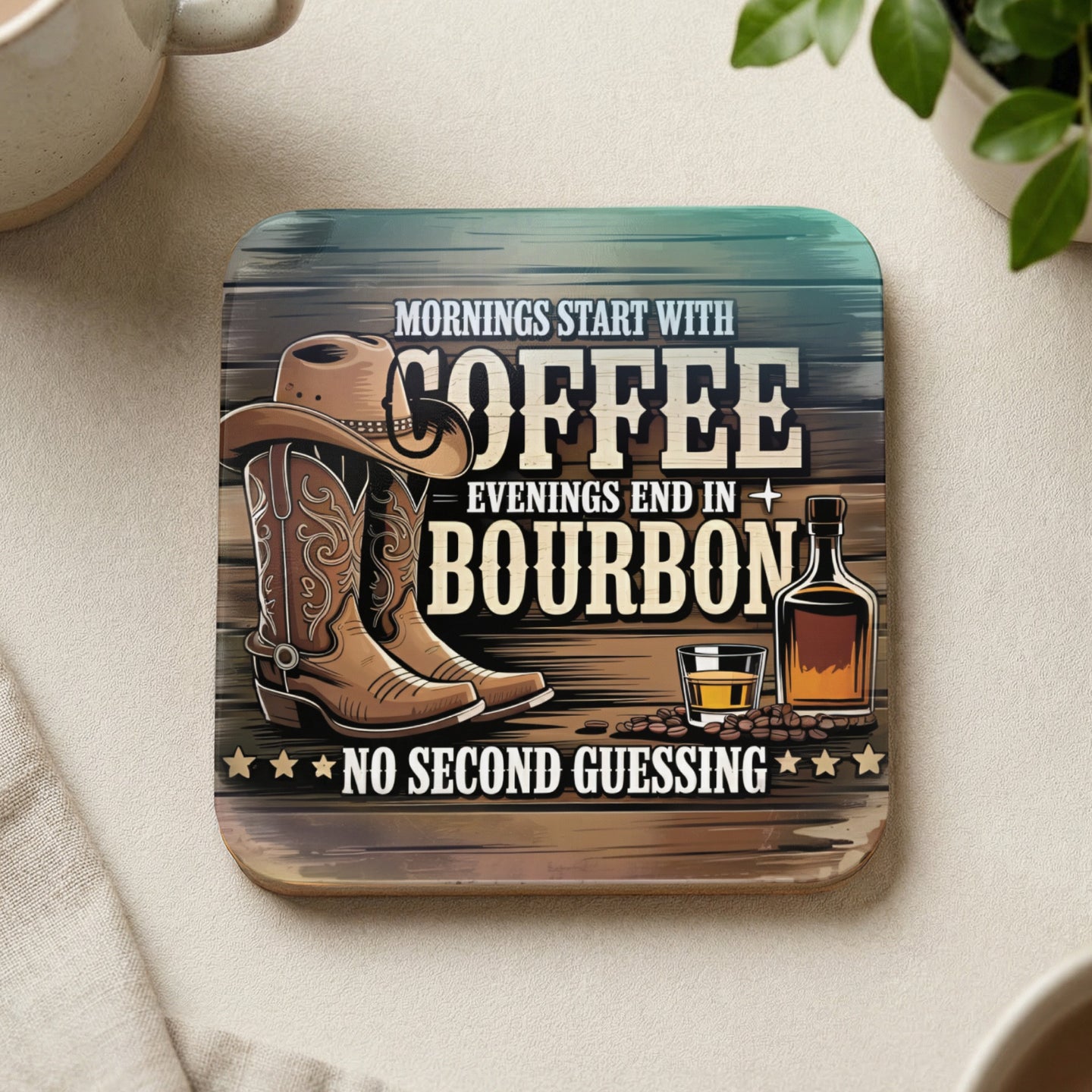 Cowboy boots and bourbon bottle with text "Mornings start with coffee, evenings end in bourbon. No second guessing."