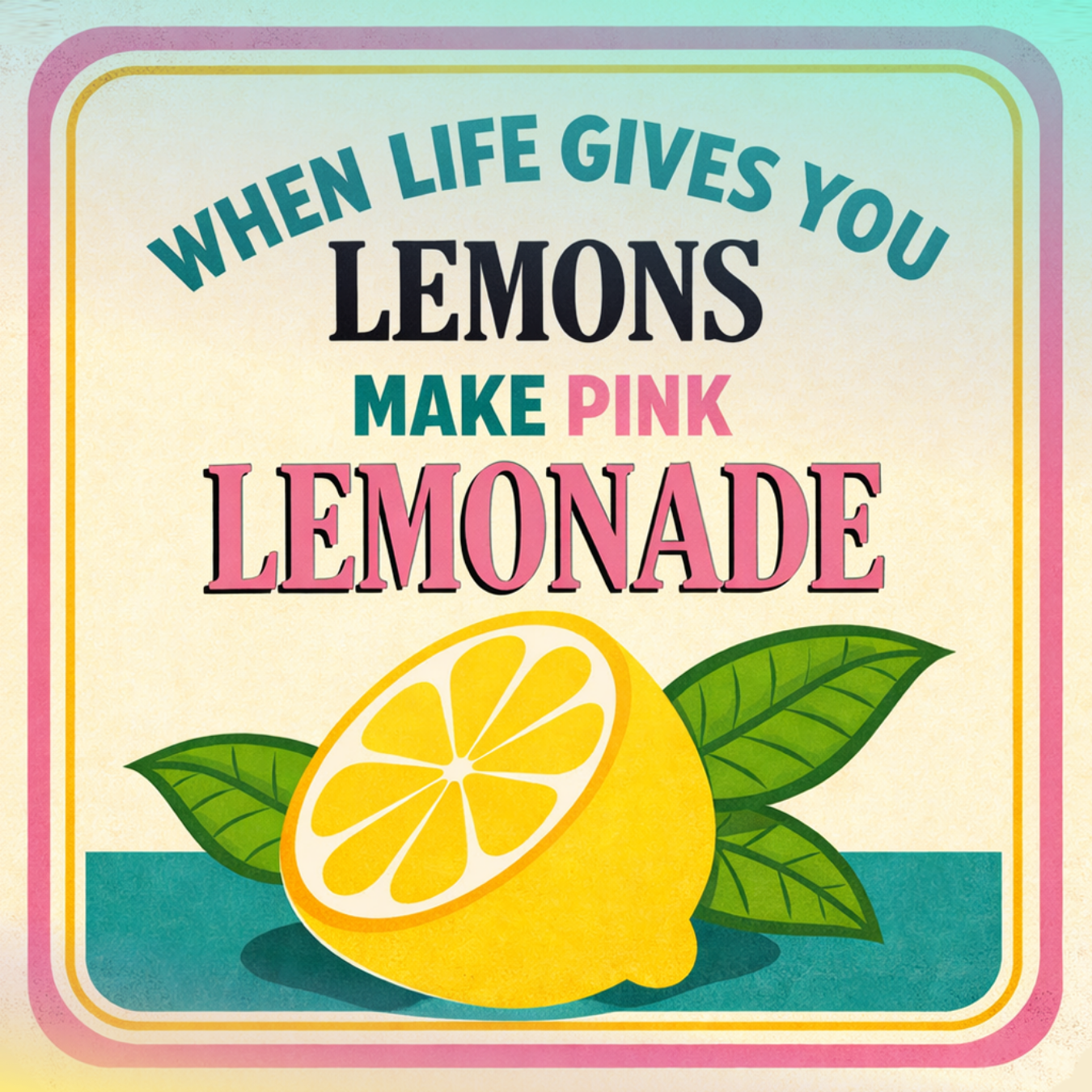 Pink lemonade sign with a lemon and leaves.