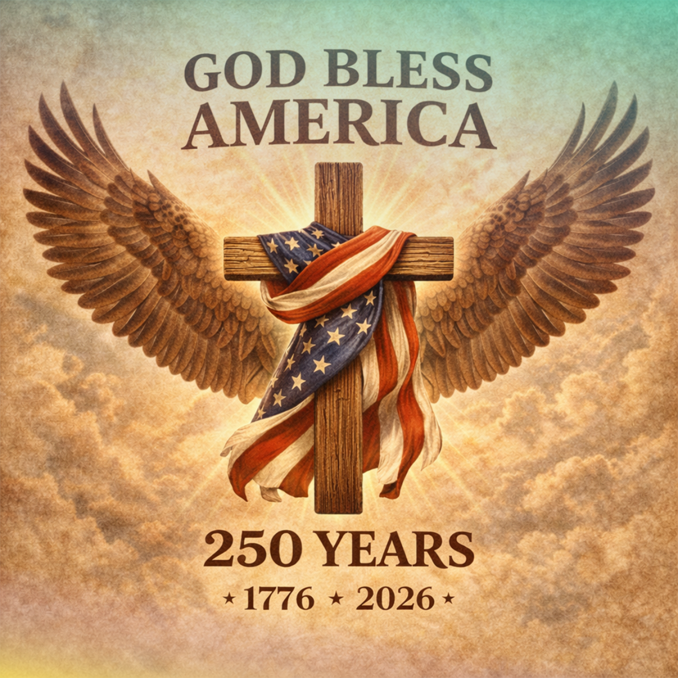 Cross with American flag, wings, and text "God Bless America" and "250 Years".