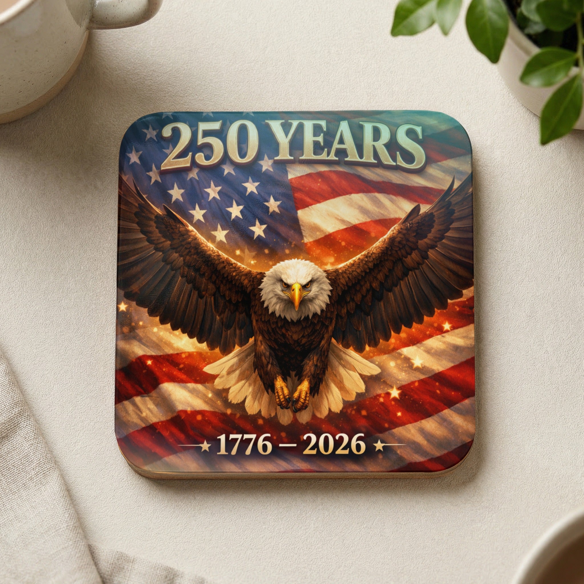 Eagle with outstretched wings over American flag, "250 YEARS 1776-2026" text.