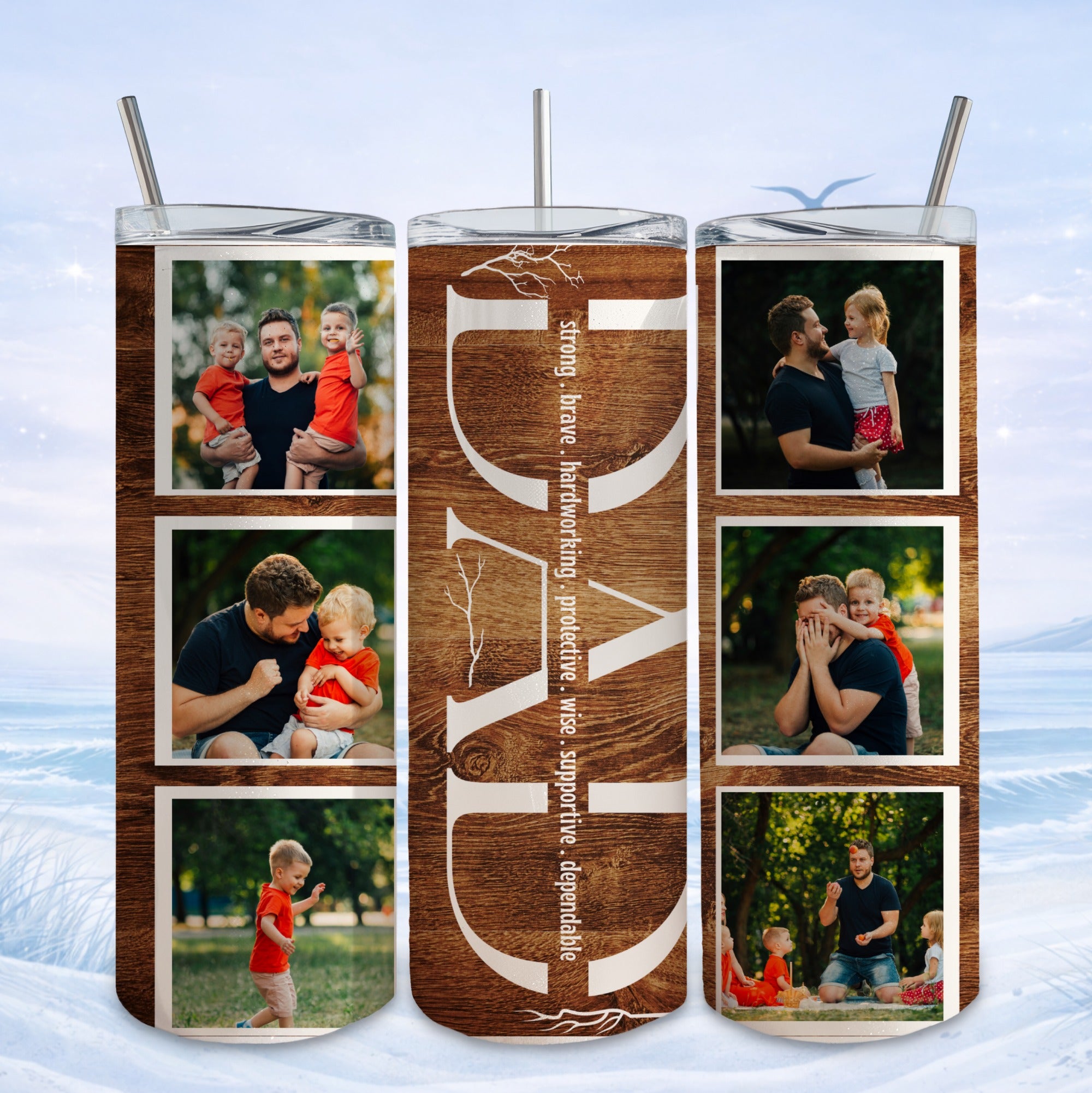 Dad, surrounded by wood grain, with family photos.