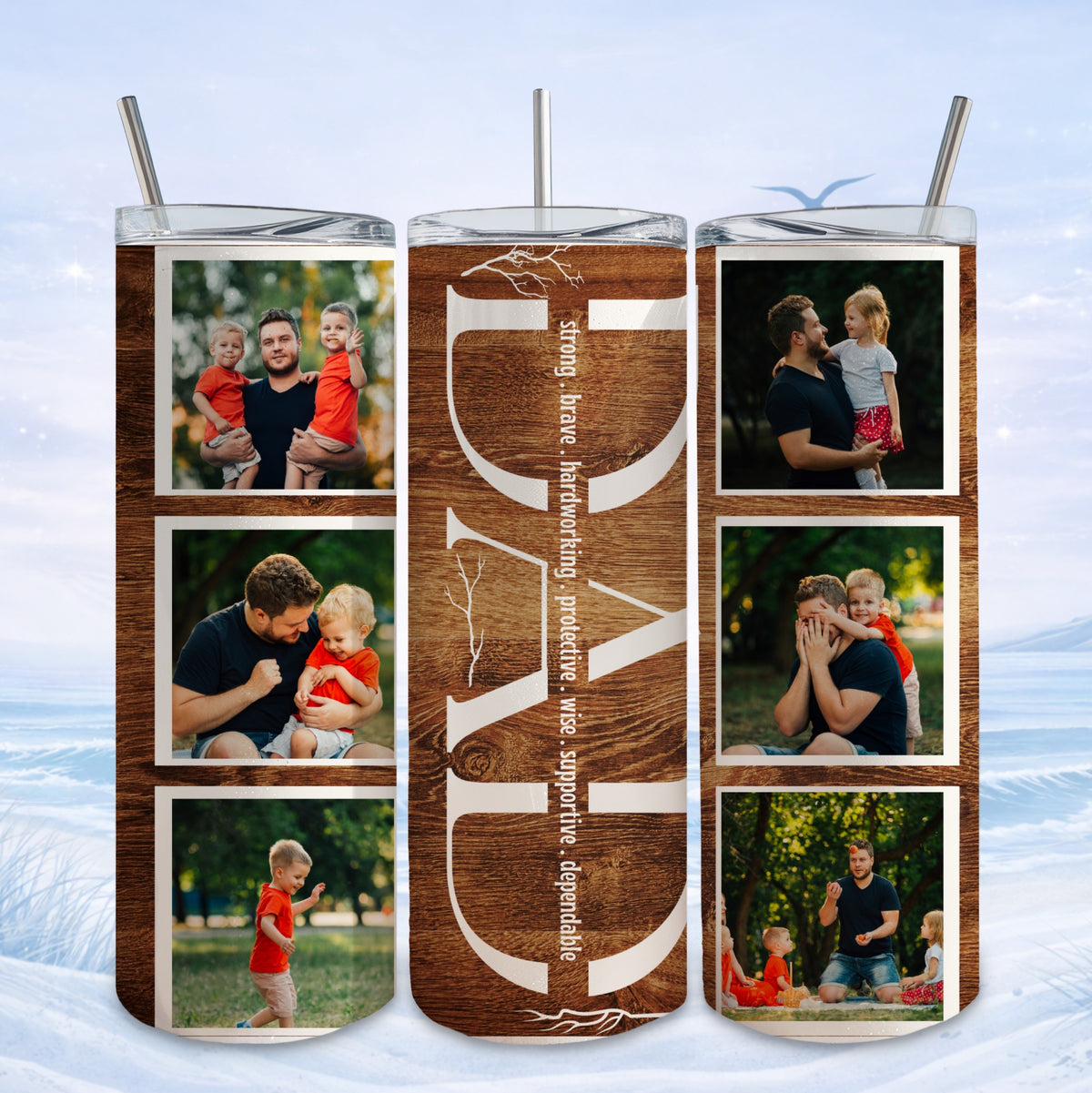 Dad, surrounded by wood grain, with family photos.