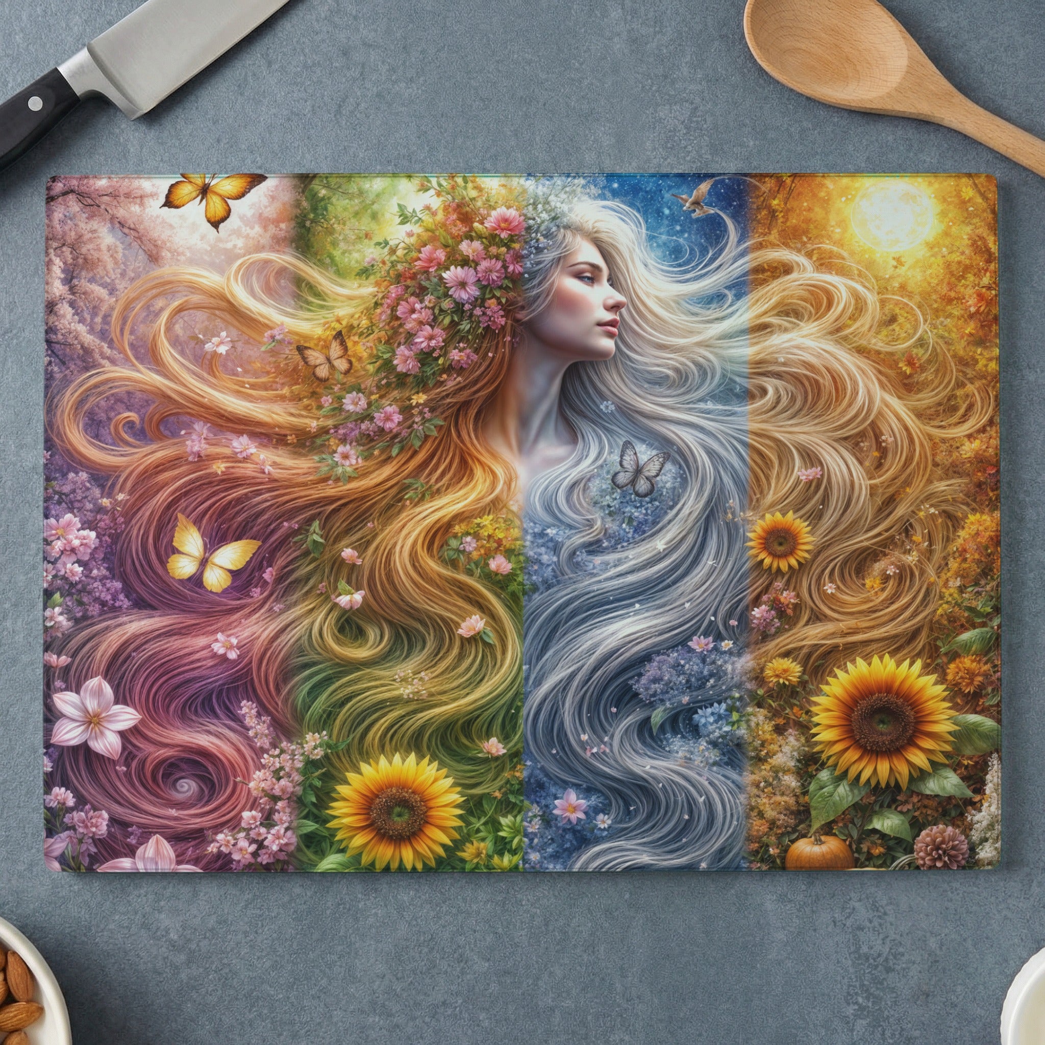 Woman with flowing hair representing seasons, butterflies, and sunflowers.