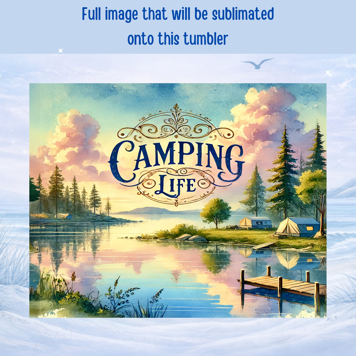 Watercolor scene of a lake at sunset with tents and trees.