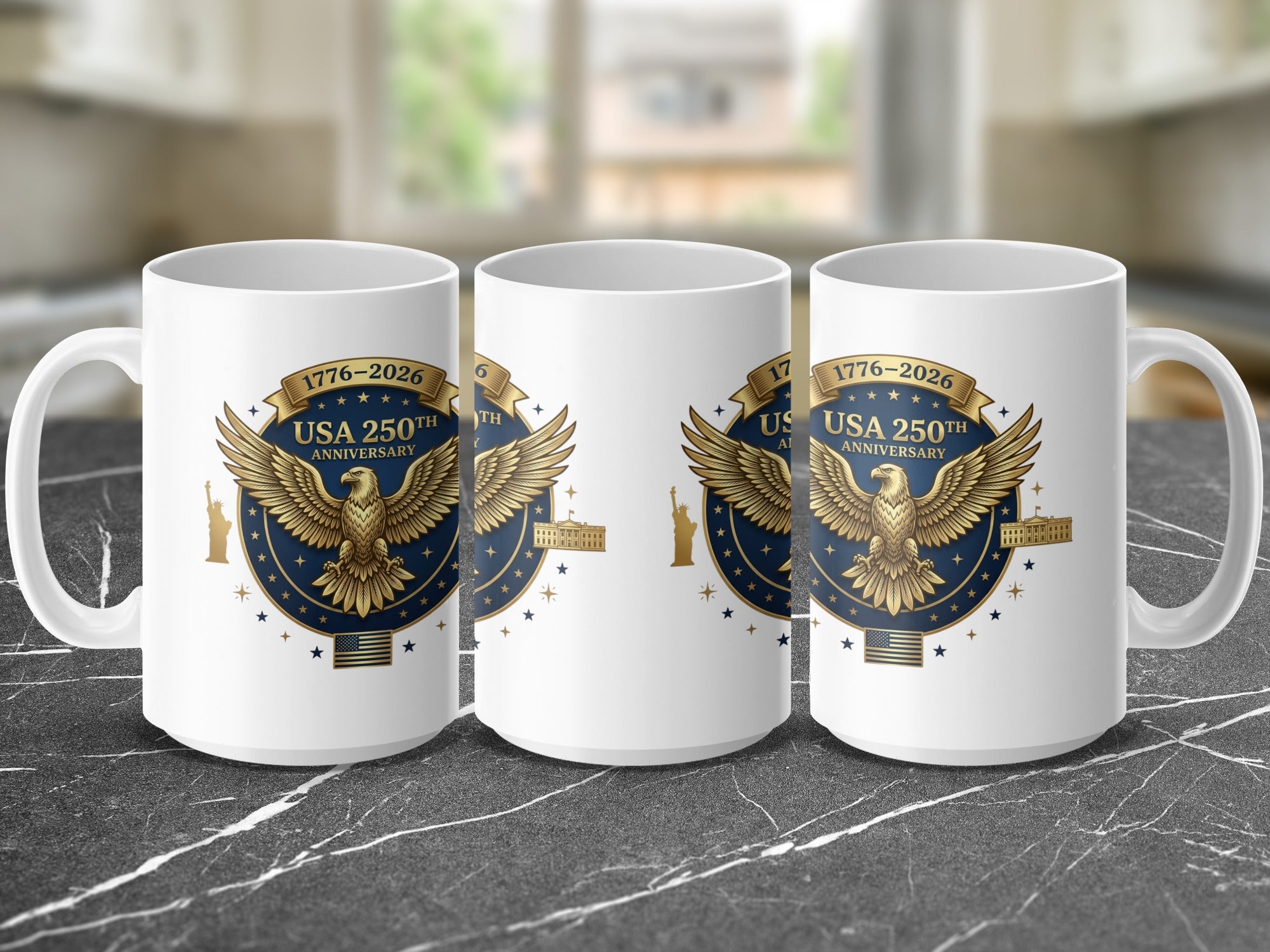 Mug with 1776-2026 USA 250th Anniversary design featuring an eagle and stars.