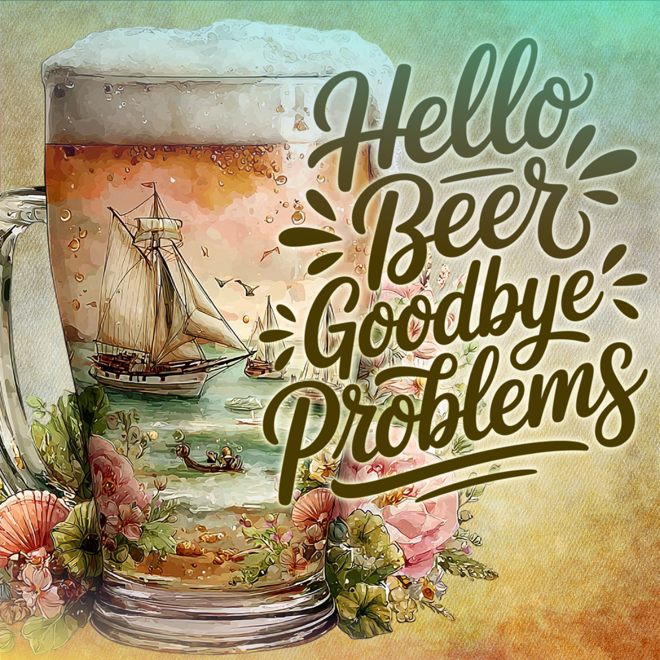 Beer mug with sailing scene and text "Hello, Beer, Goodbye Problems".