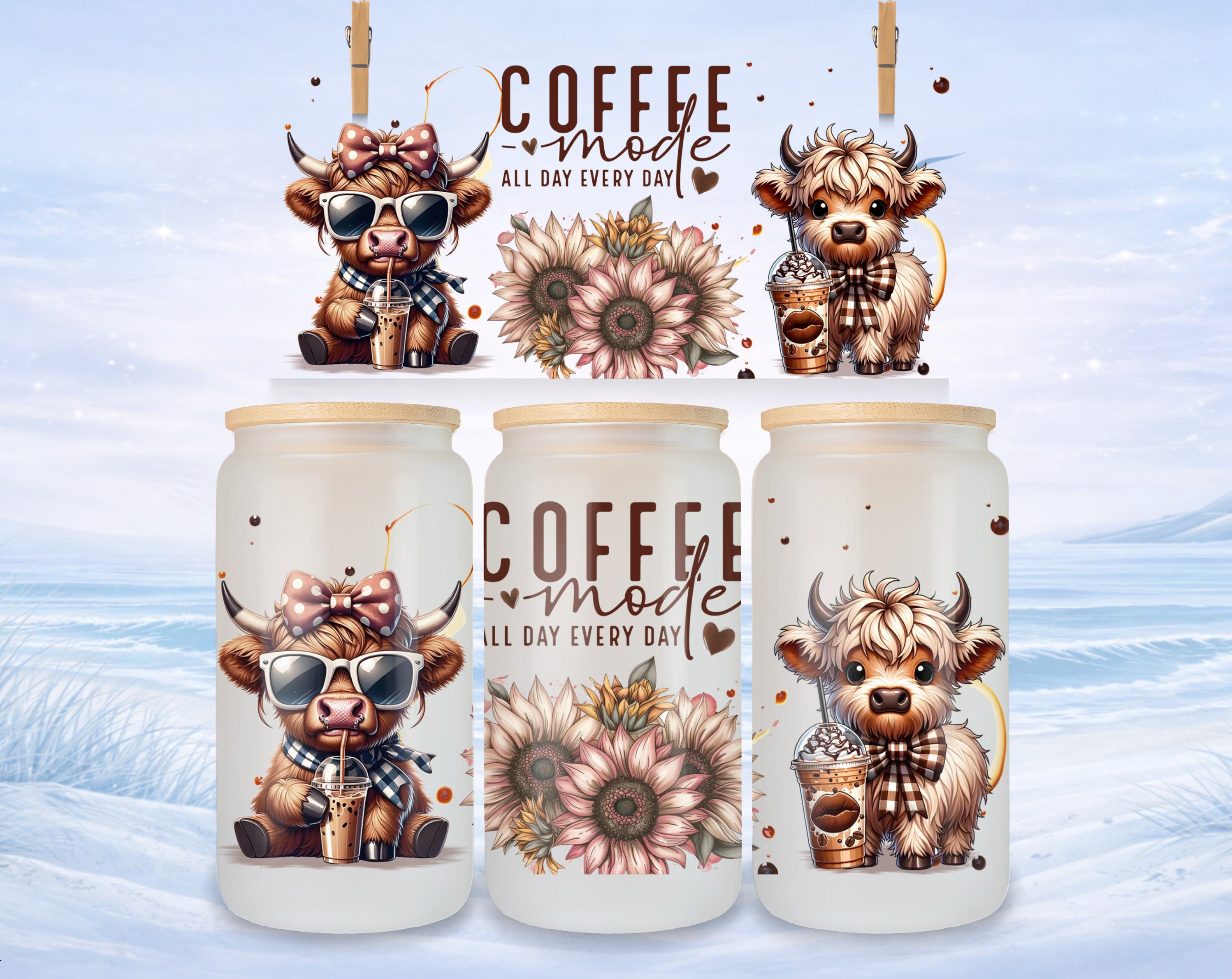 Highland cow wearing sunglasses, holding coffee, next to sunflowers and coffee cups.