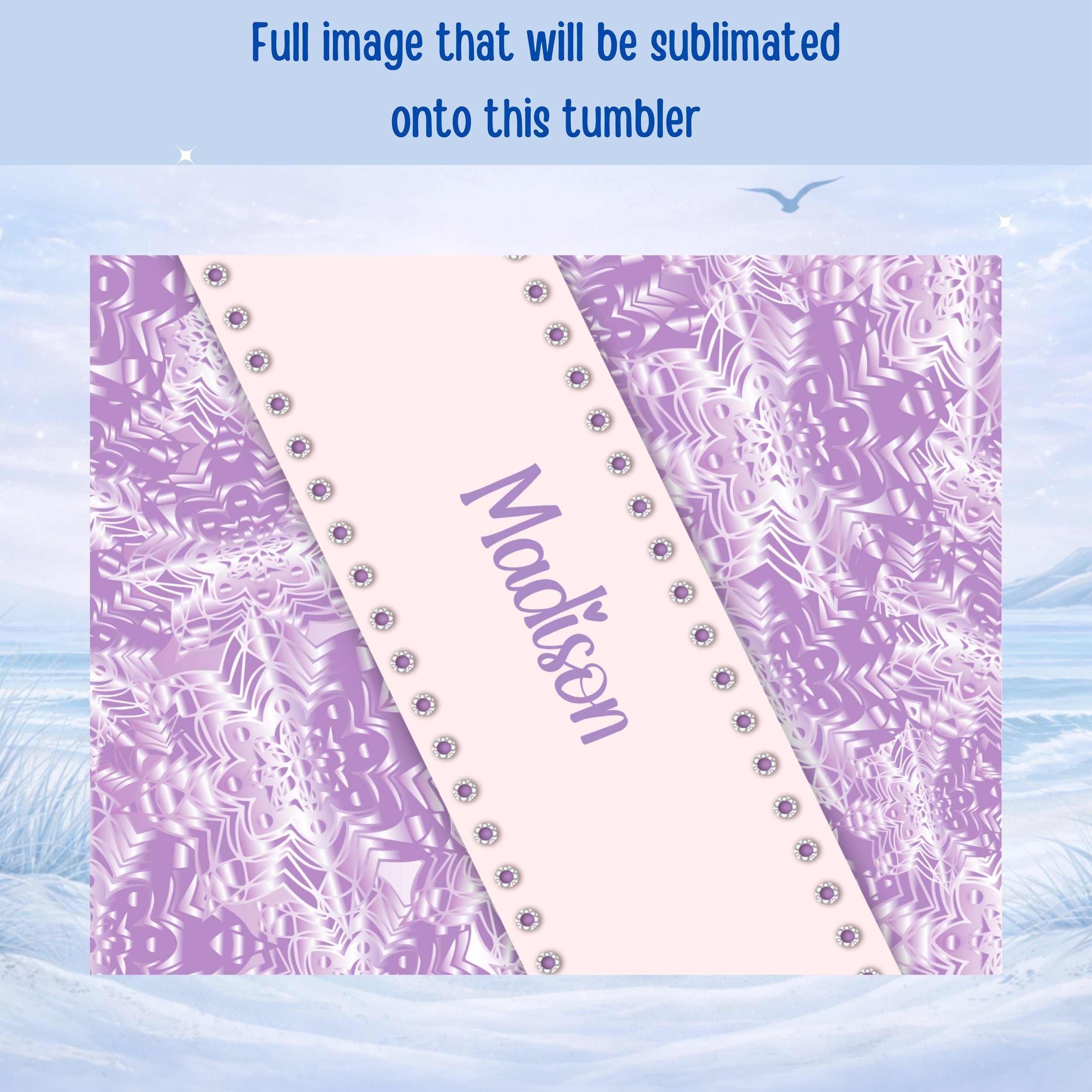 Purple snowflake pattern with pink ribbon band and "Madison" text.