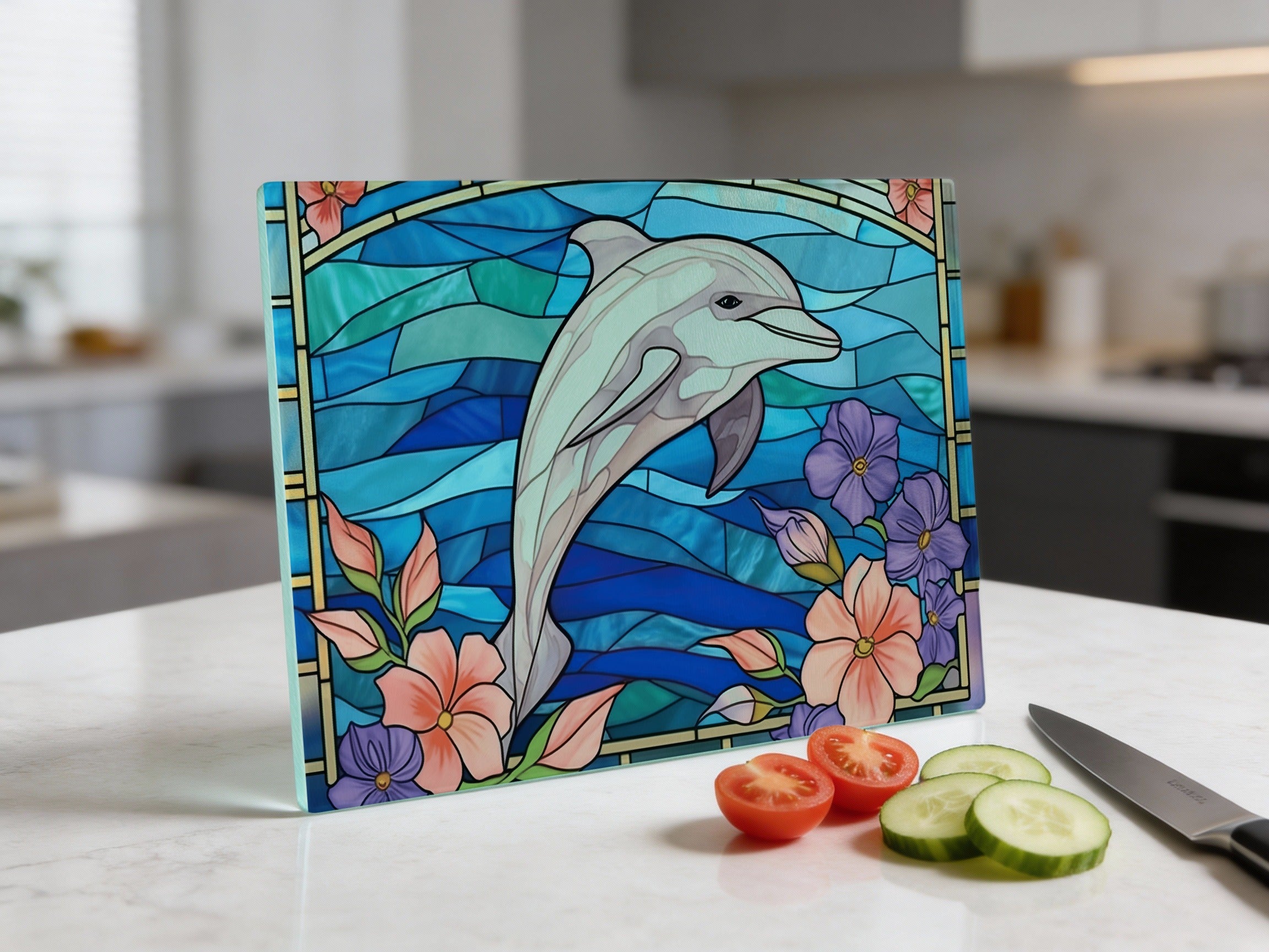 Stained glass cutting board with dolphin and floral design.