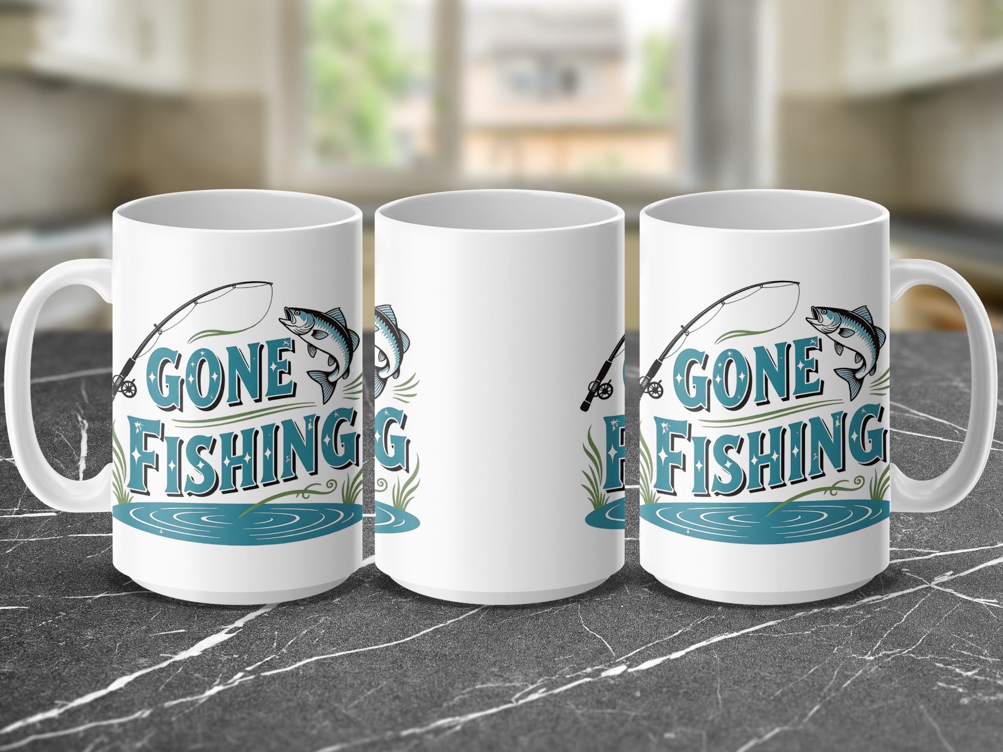White mug with "Gone Fishing" text, fish, and water design.