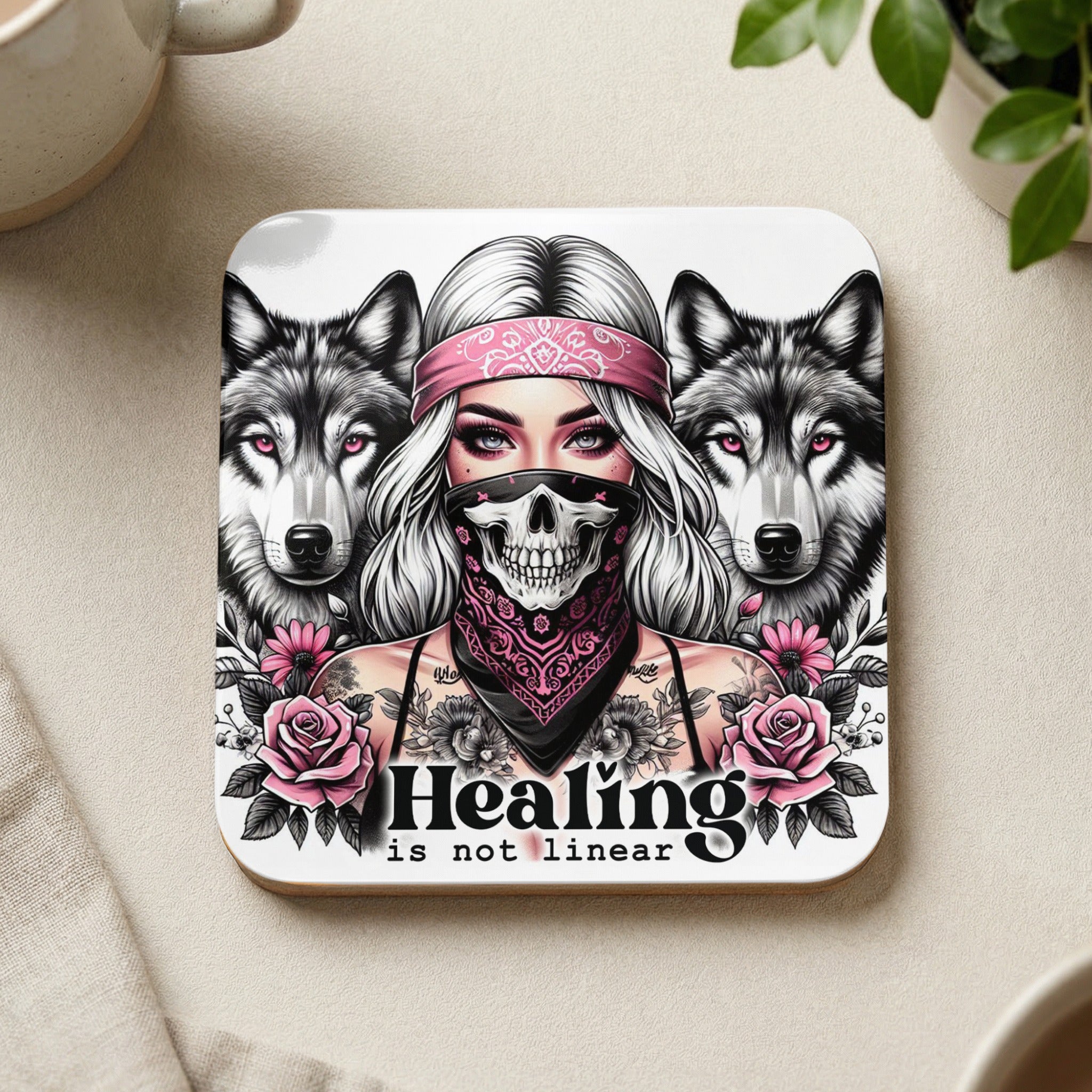 Woman with wolves and roses, text "Healing is not linear".