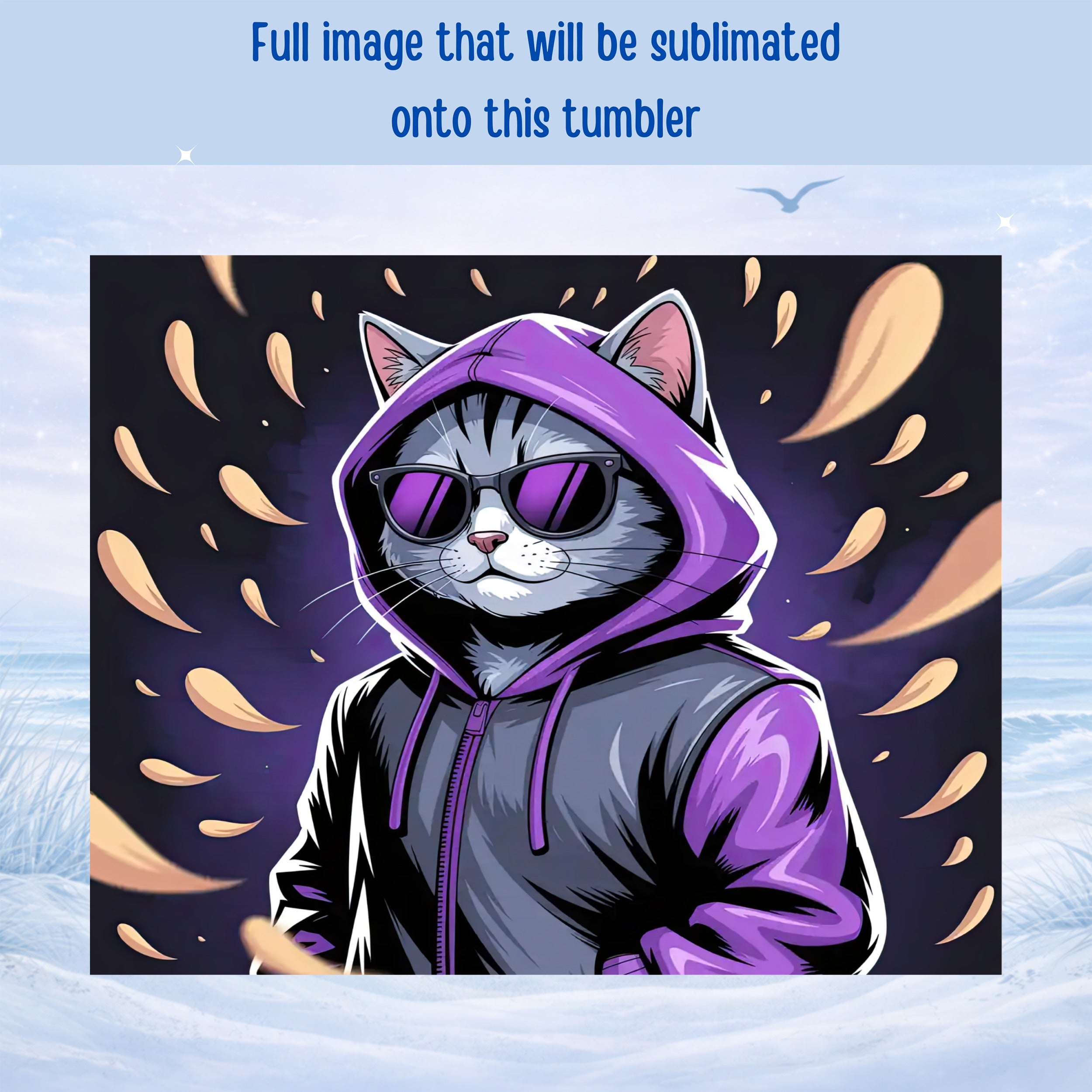 Cat wearing a hoodie and sunglasses, surrounded by purple and gold splashes.