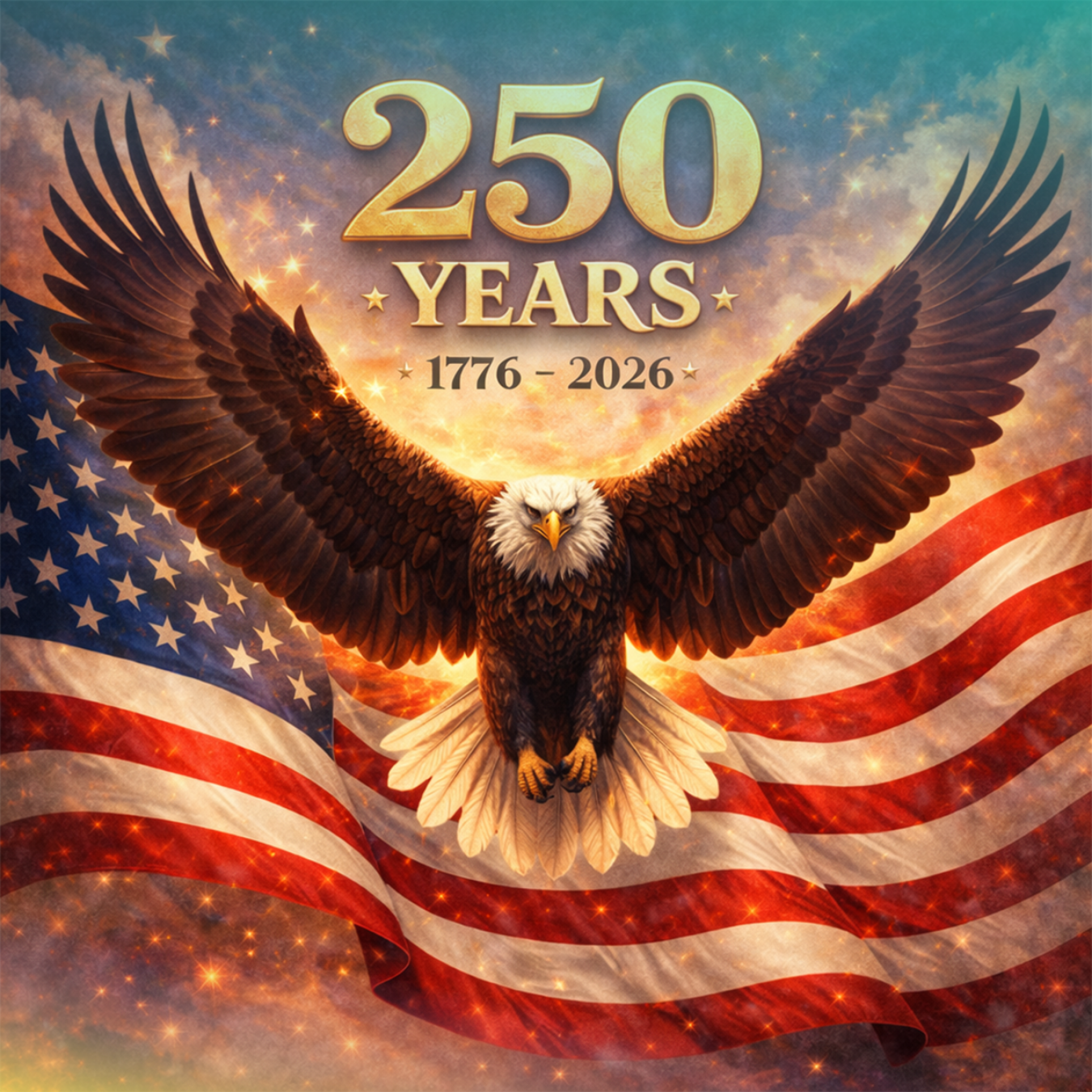 Eagle spreads wings over US flag with "250 Years 1776-2026" text.