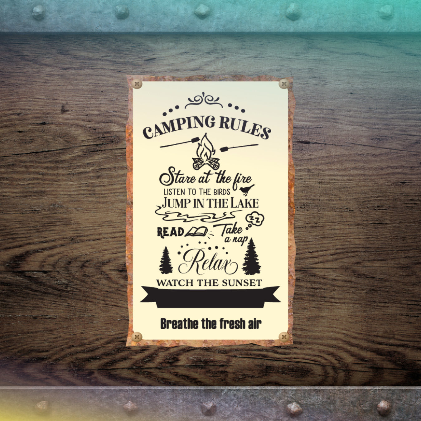 Camping rules sign with illustrations: campfire, birds, lake, book, sunset, and fresh air.