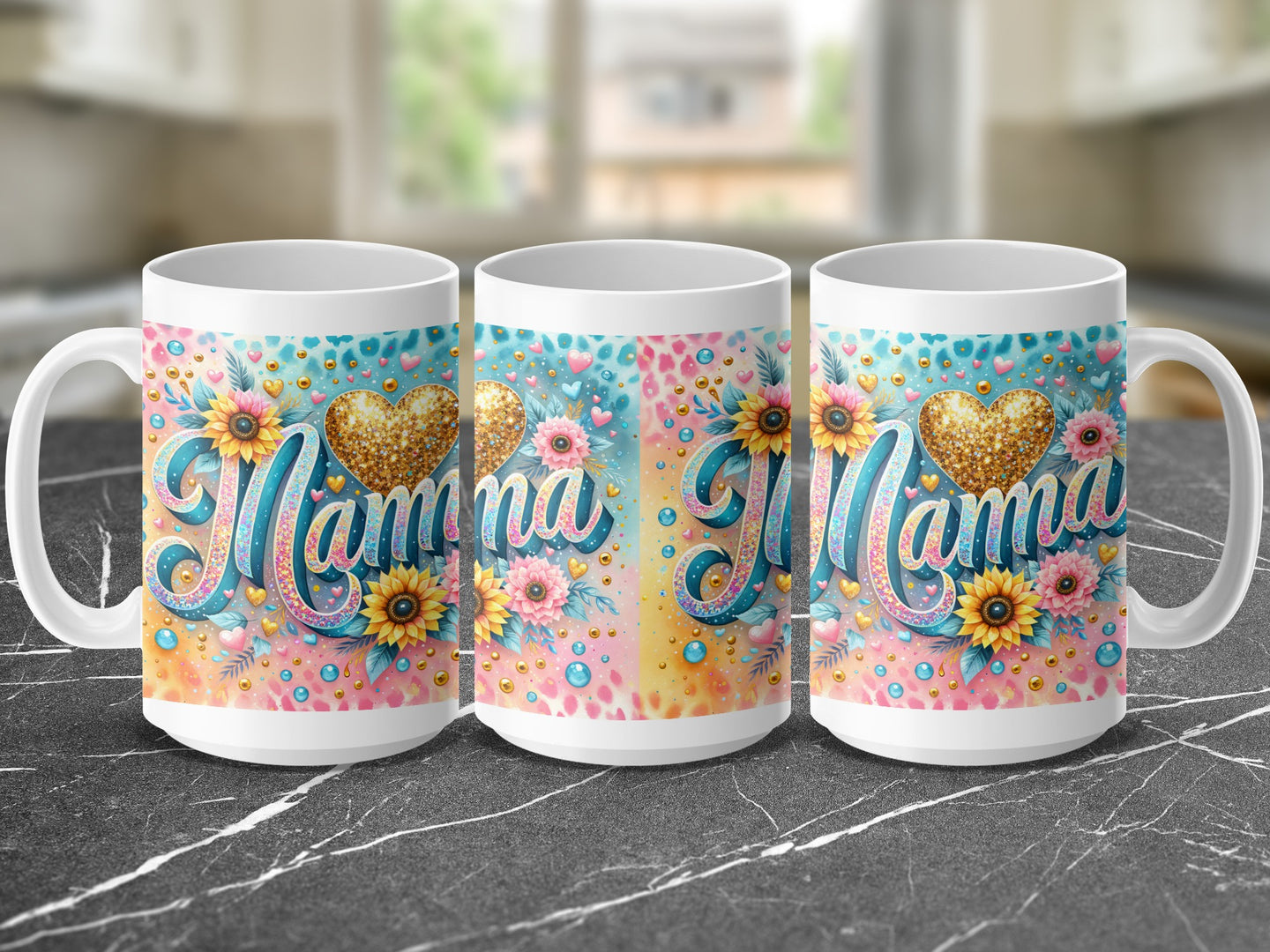 Mug with "Mamma" text, hearts, flowers, and glitter accents.