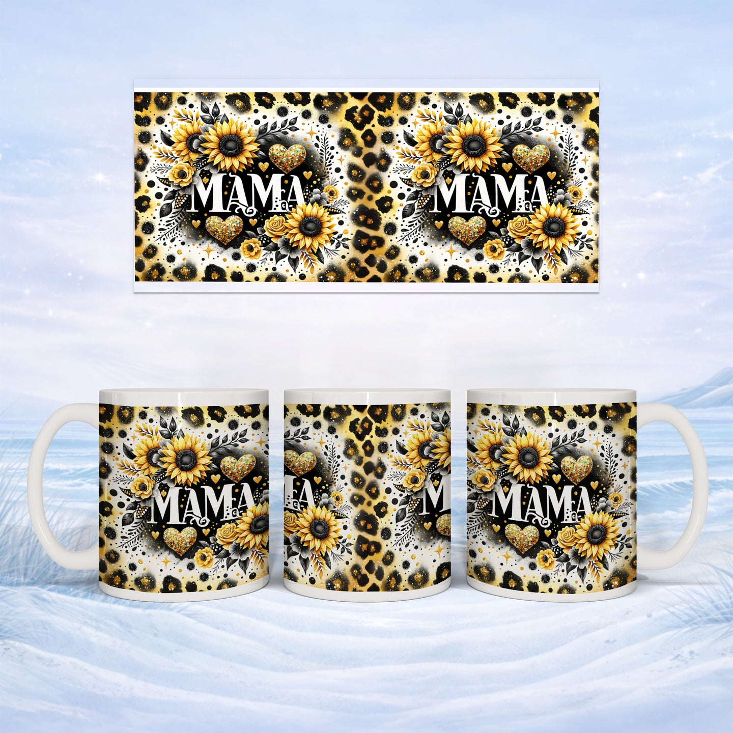 Mug with "MAMA" text, sunflowers, leopard print, and hearts.