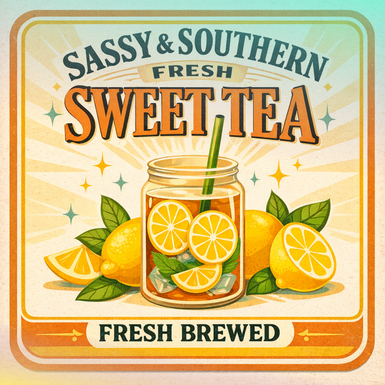 Sassy & Southern Fresh Sweet Tea with lemons and mint, "Fresh Brewed."