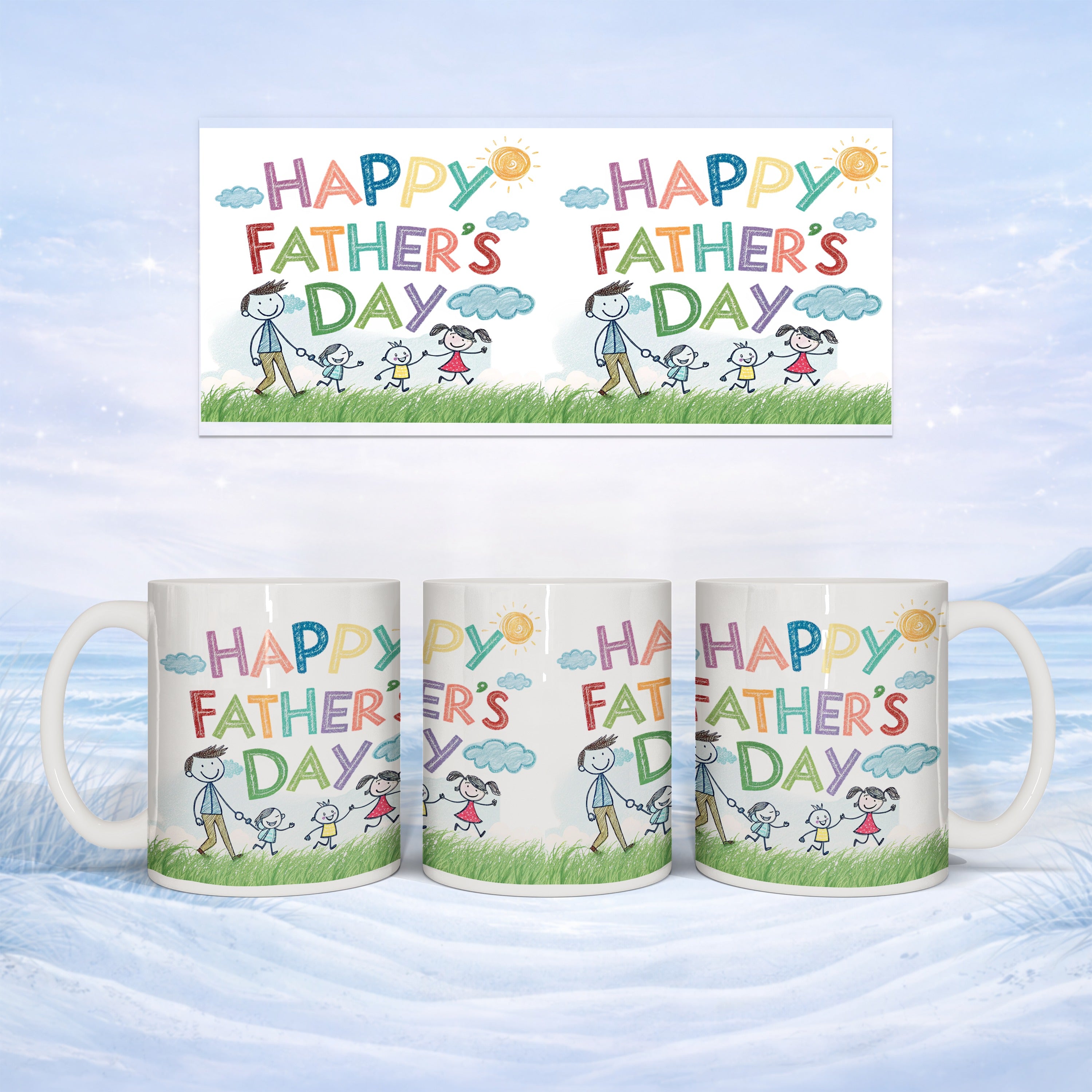 Mug with "Happy Father's Day" text and cartoon family; banner also shown.