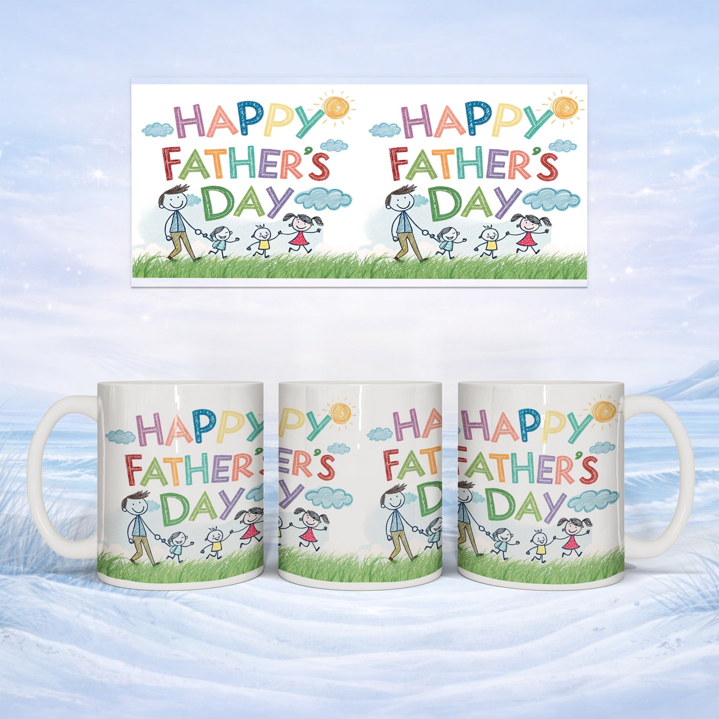 Mug with "Happy Father's Day" text and cartoon family; banner also shown.