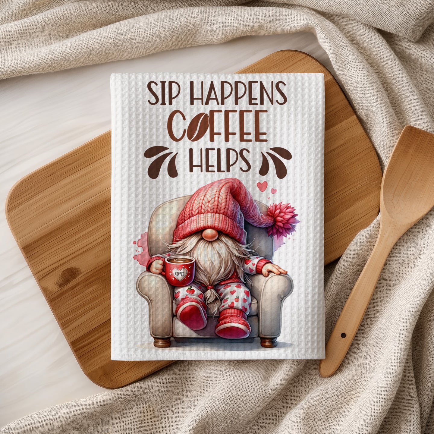 Gnome in armchair with coffee mug, "Sip Happens Coffee Helps" text.