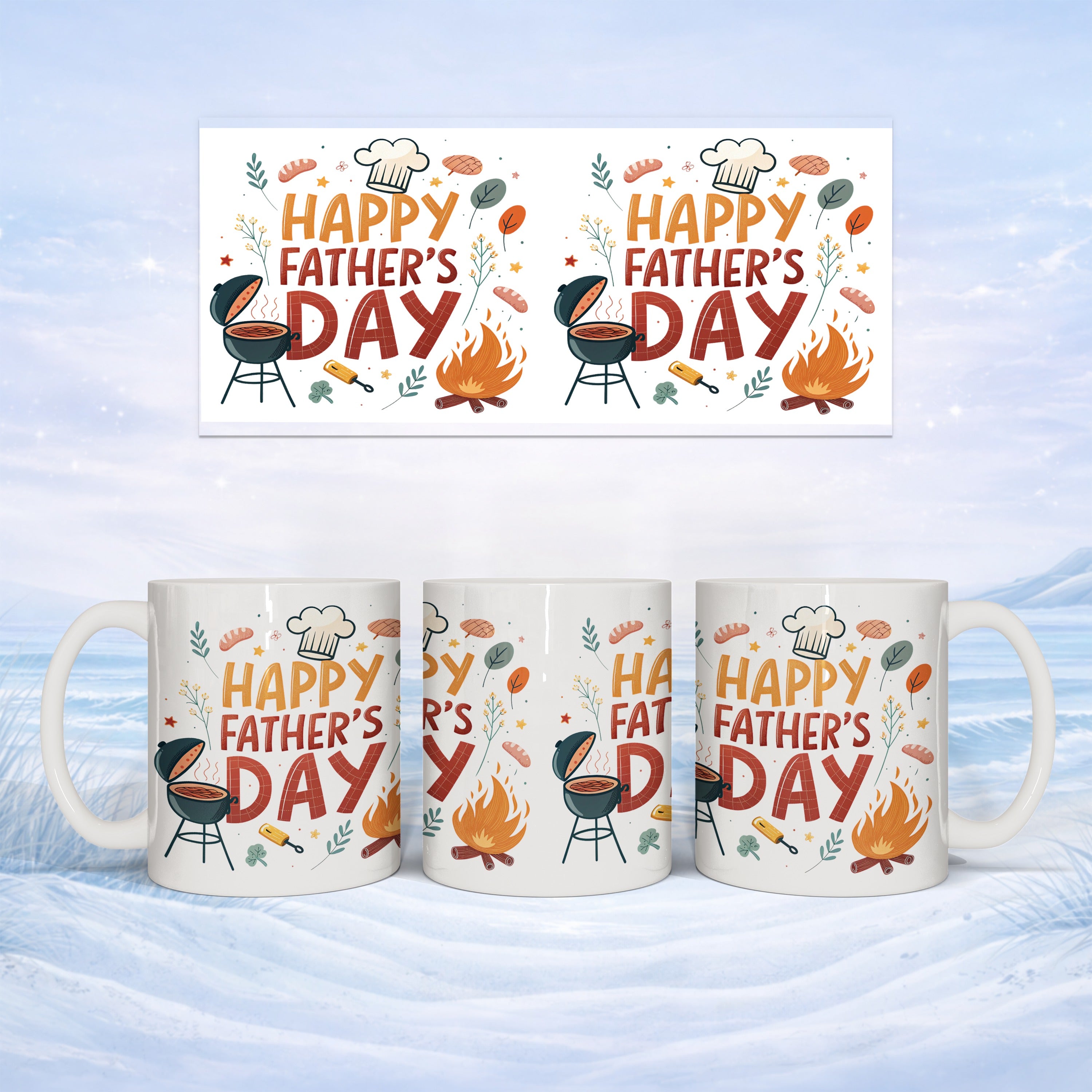 Three mugs and banner with "Happy Father's Day" and BBQ graphic.