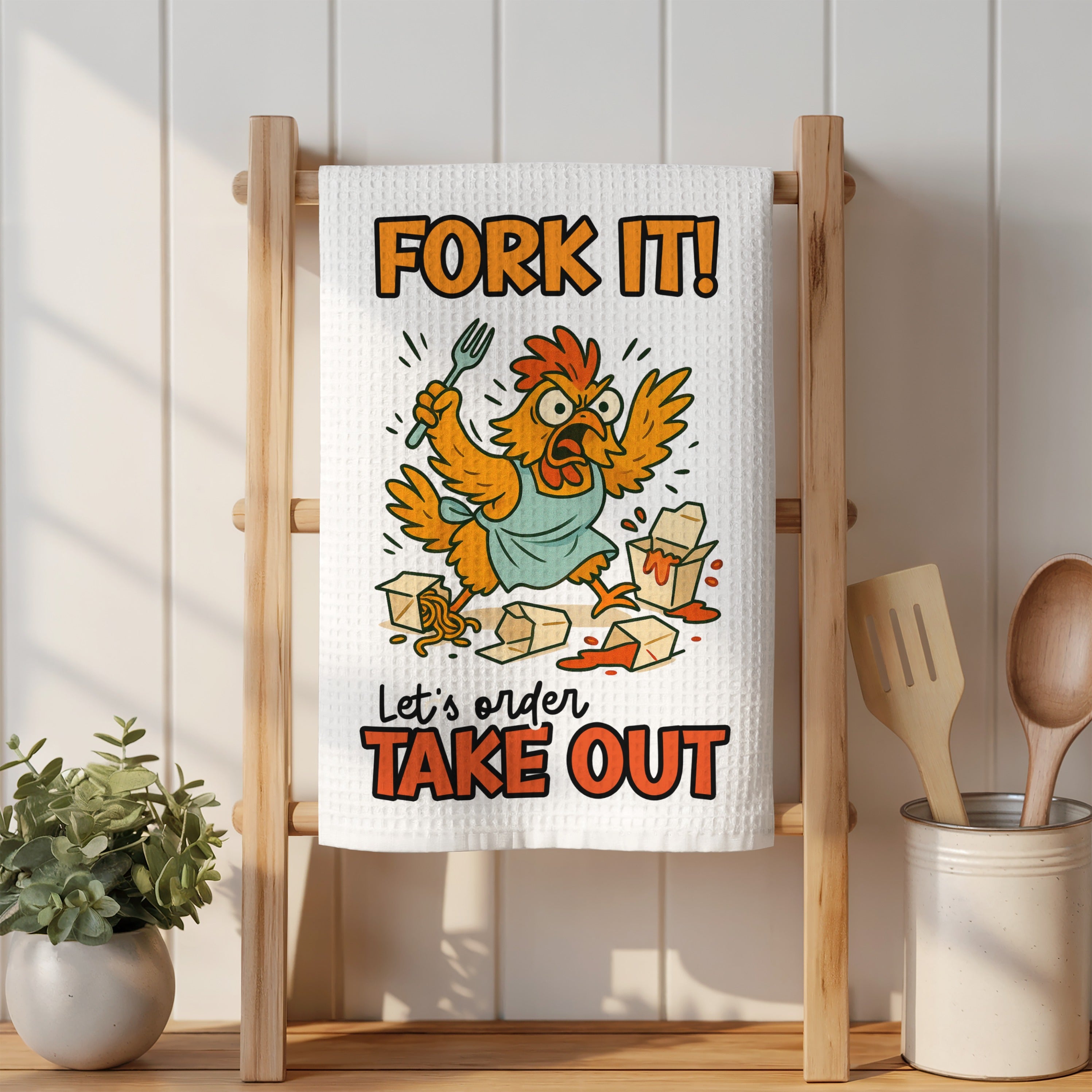 Chicken with fork in hand, holding takeout containers, "Fork It! Let's Order Take Out" text.