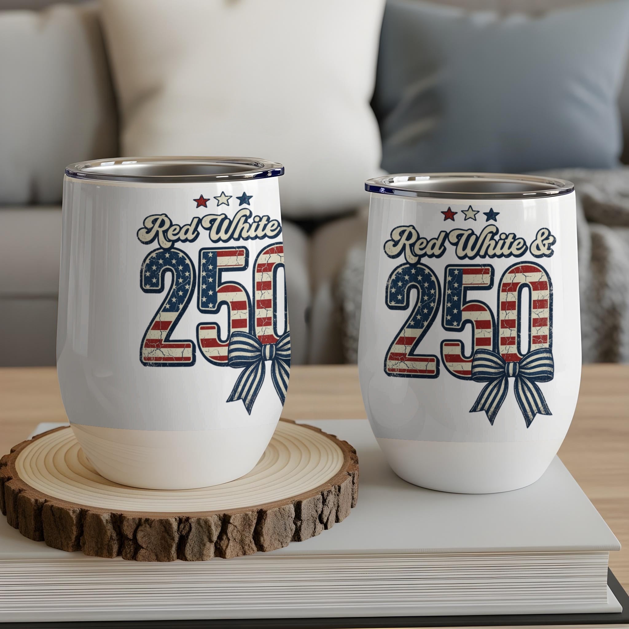 Red White & 250 graphic with patriotic ribbon on two tumblers.