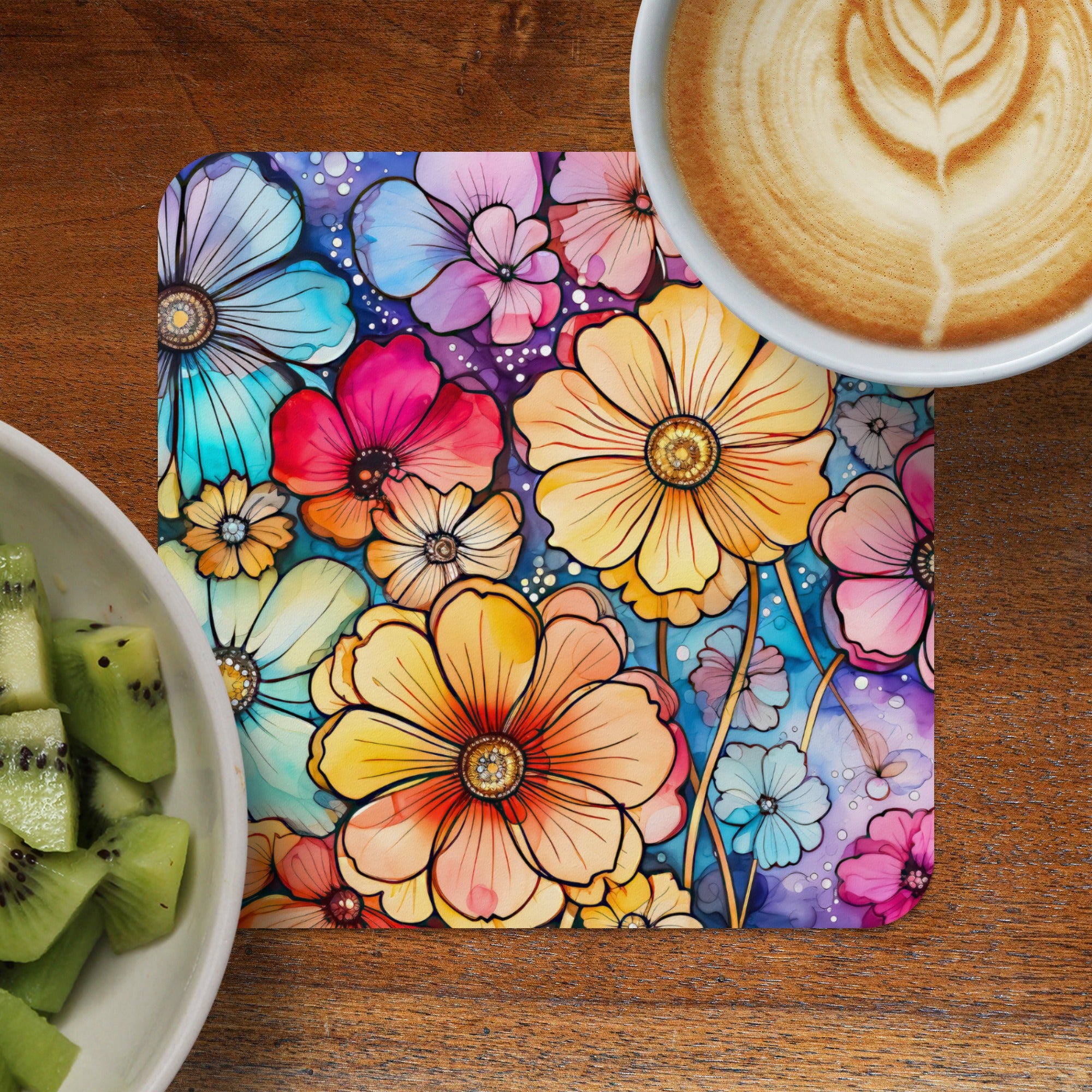 Colorful watercolor floral coasters on a wooden table with coffee and kiwi.