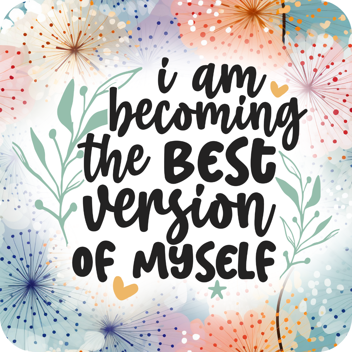 "I am becoming the best version of myself" text on floral background.
