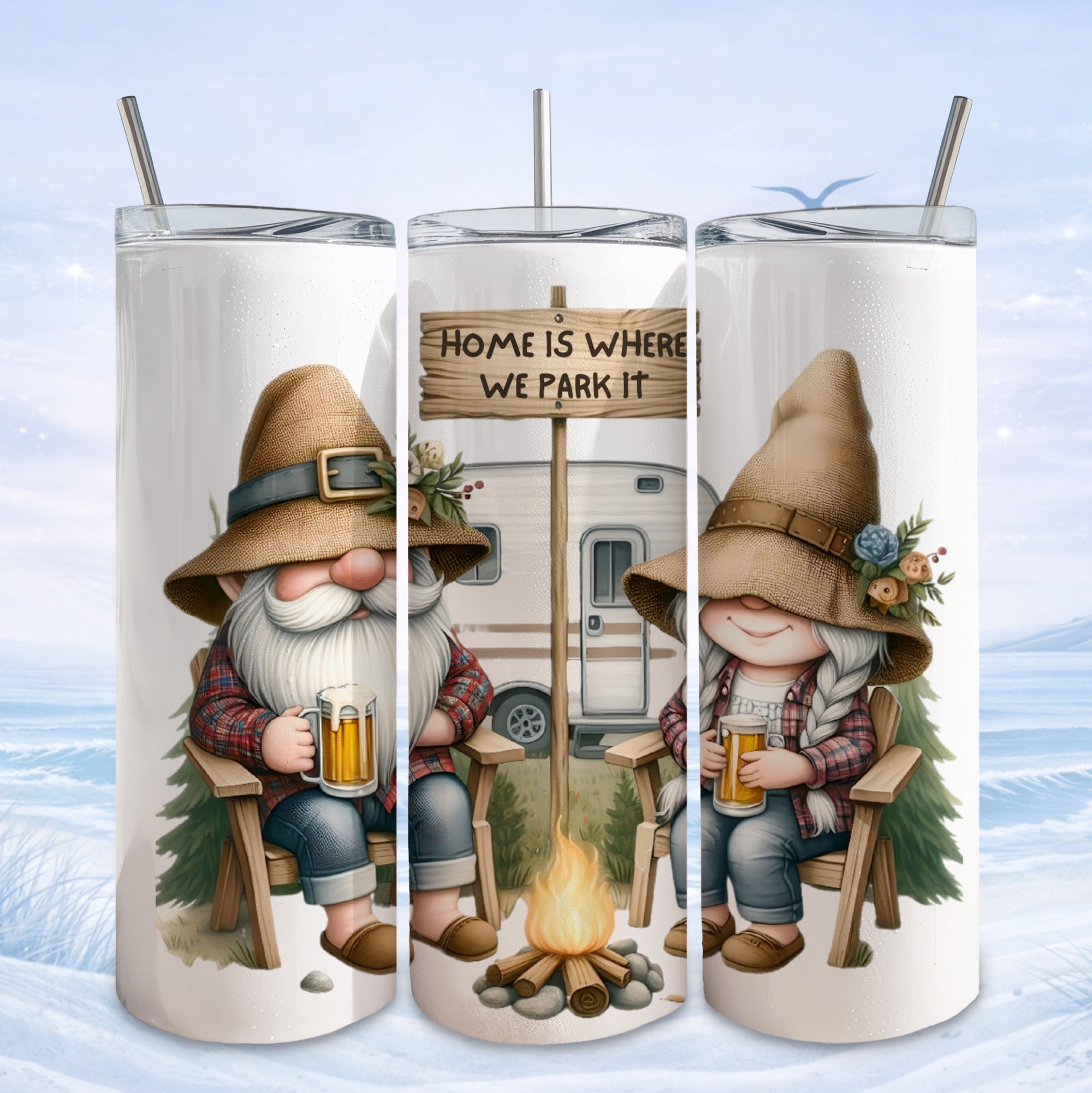 Gnomes with mugs of beer sit by campfire under "Home is Where We Park It" sign.