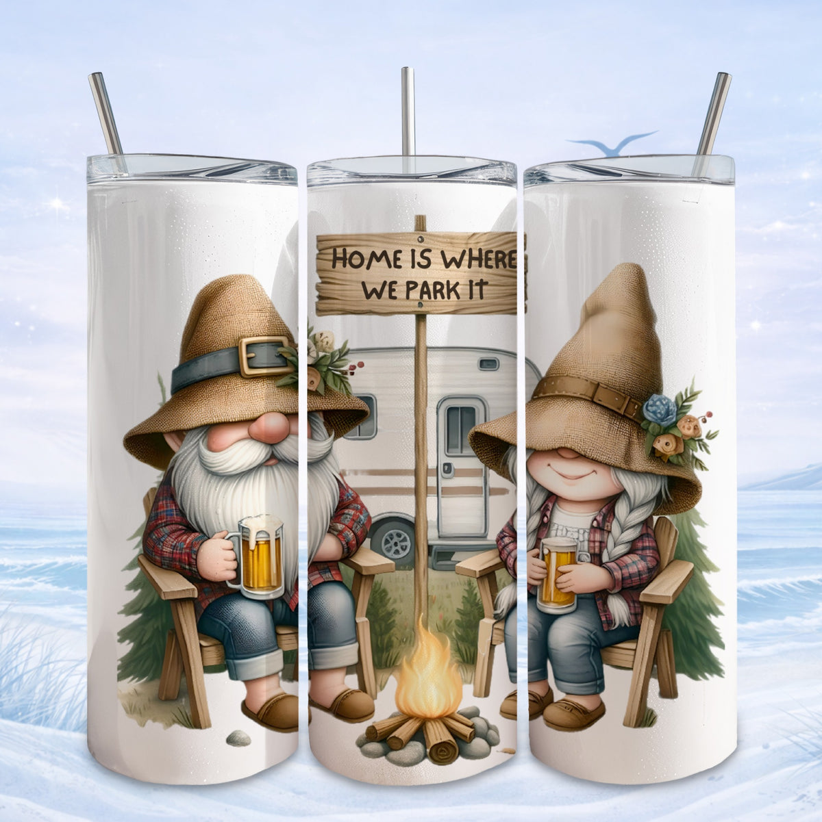 Gnomes with mugs of beer sit by campfire under "Home is Where We Park It" sign.