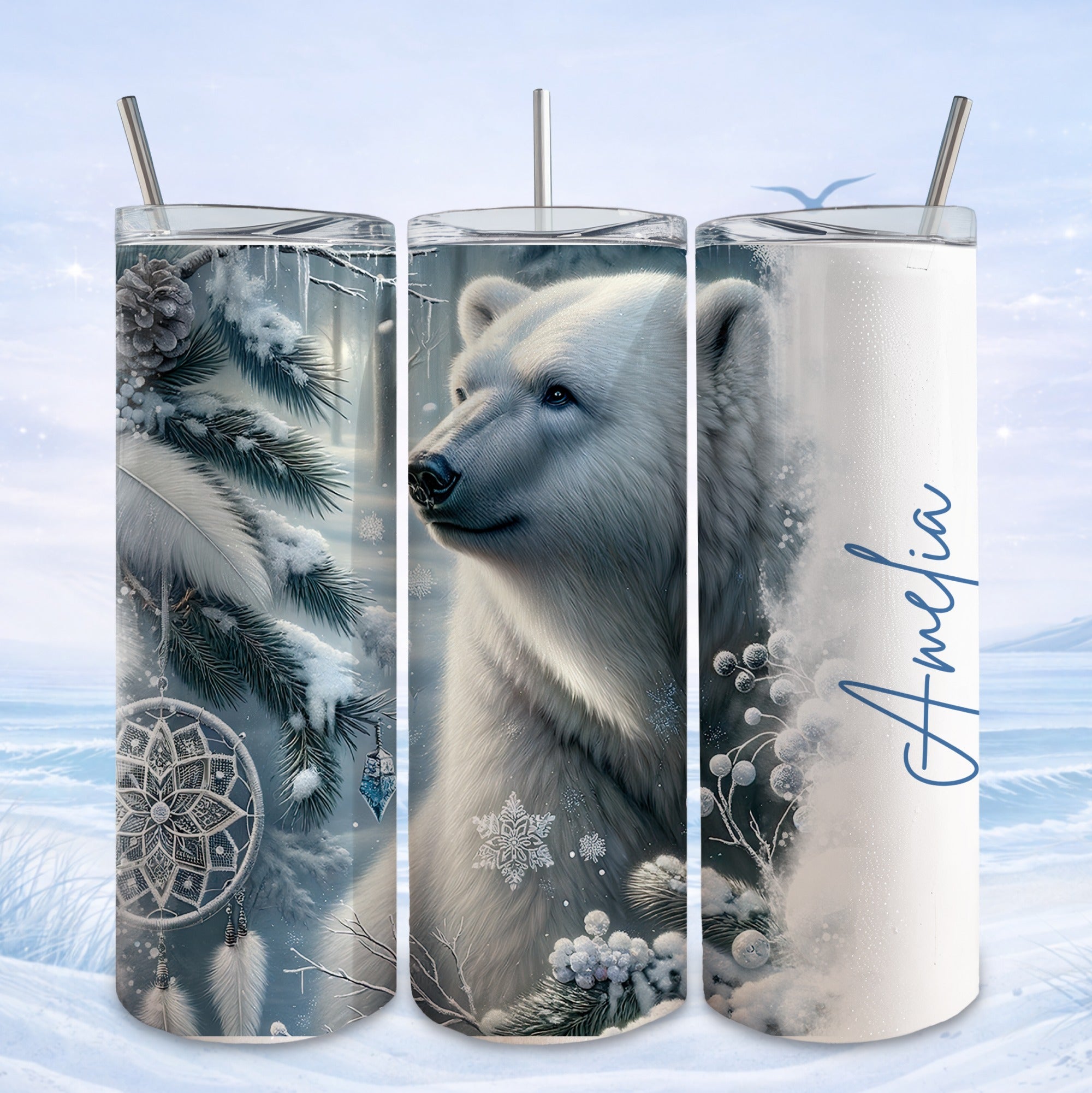 Polar bear and winter scene on three-panel tumbler with Amelia written on the right panel.