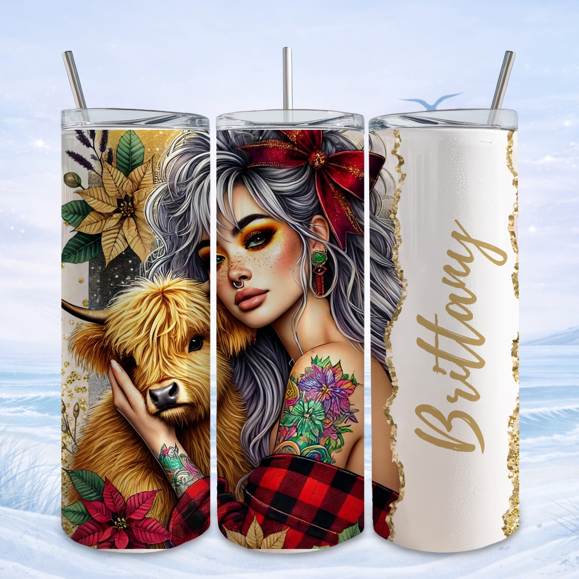 Highland cow and tattooed woman with "Brittany" on a white tumbler.