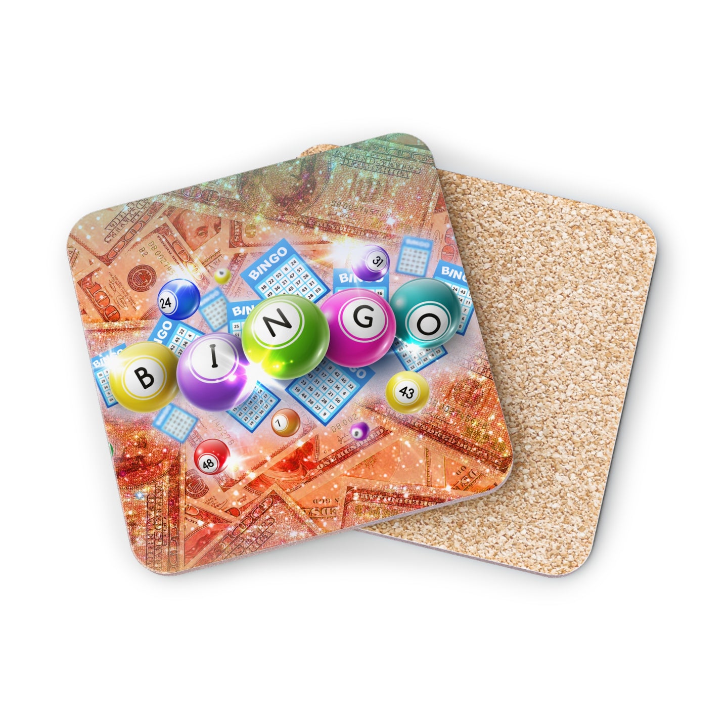 Bingo balls and cards on a background of U.S. currency.