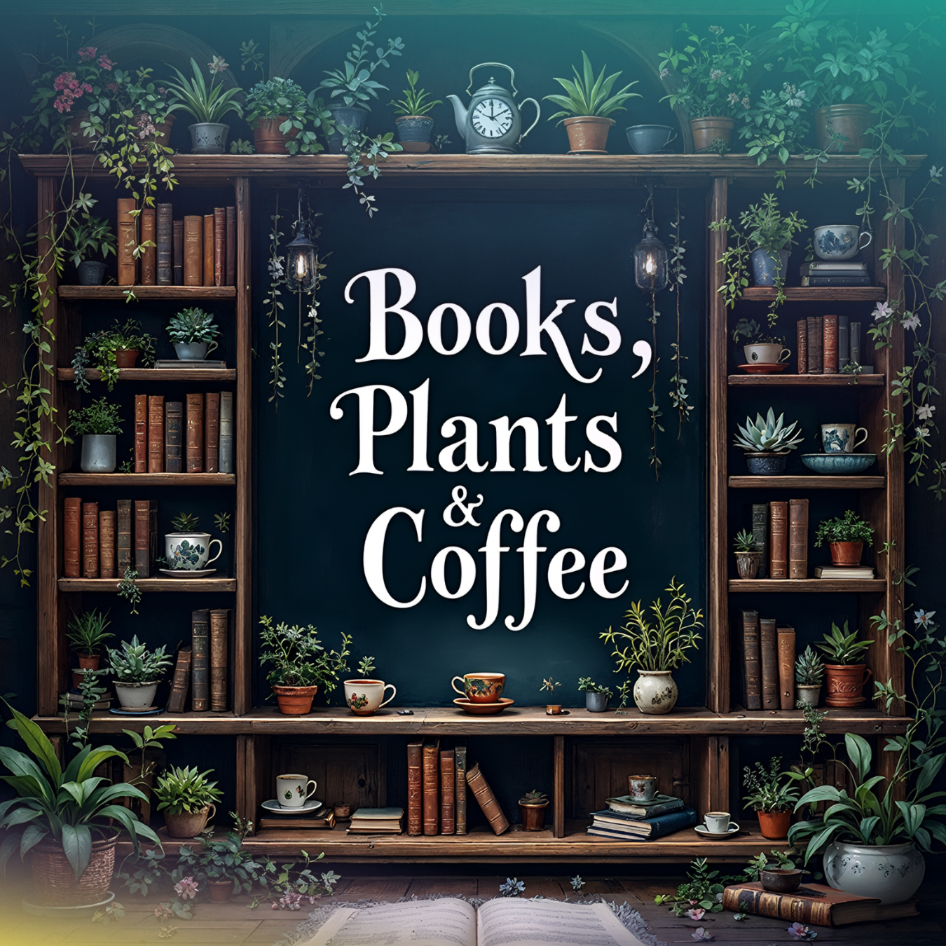 Books, Plants & Coffee text on a shelf filled with books and plants.