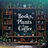 Books, Plants & Coffee text on a shelf filled with books and plants.