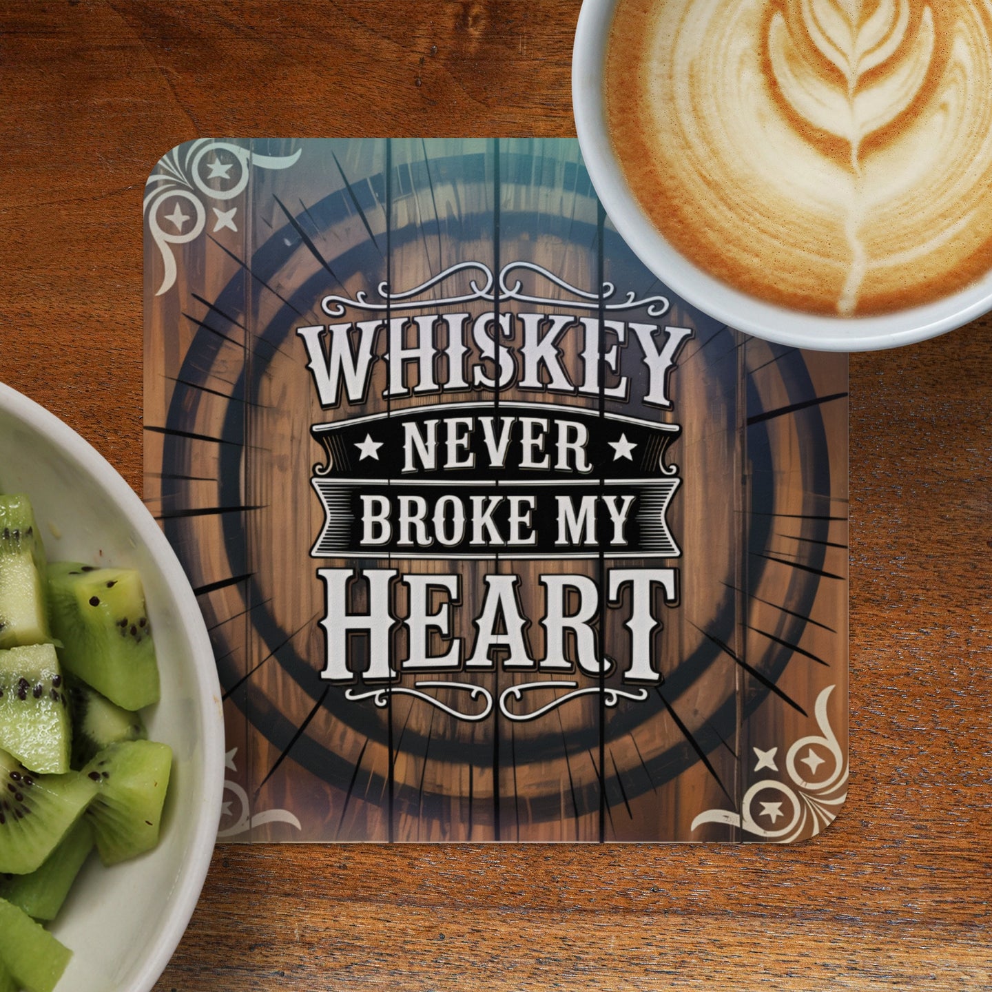 Whiskey never broke my heart quote on wooden barrel design coaster.
