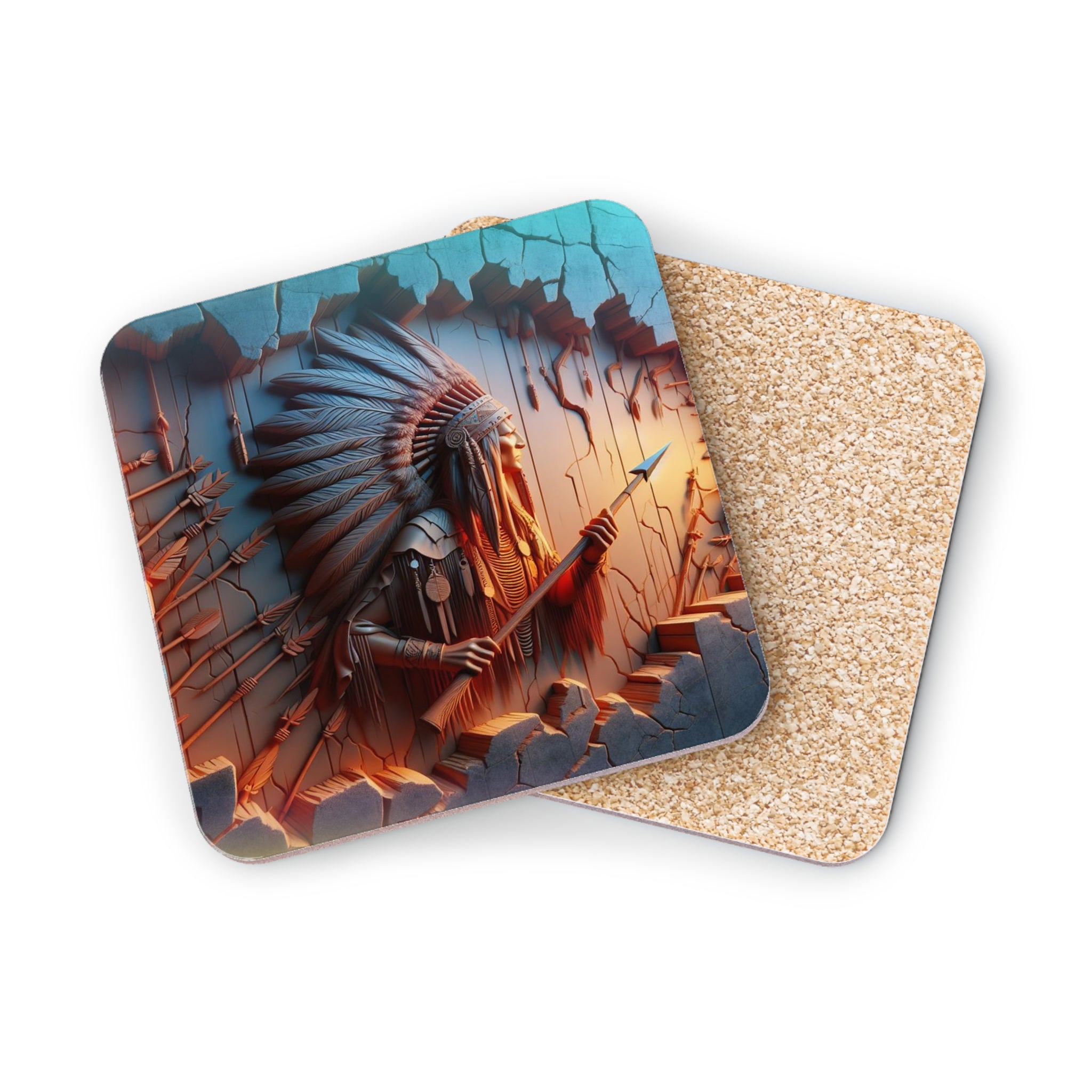 Square coaster with Native American chief artwork and cork backing.