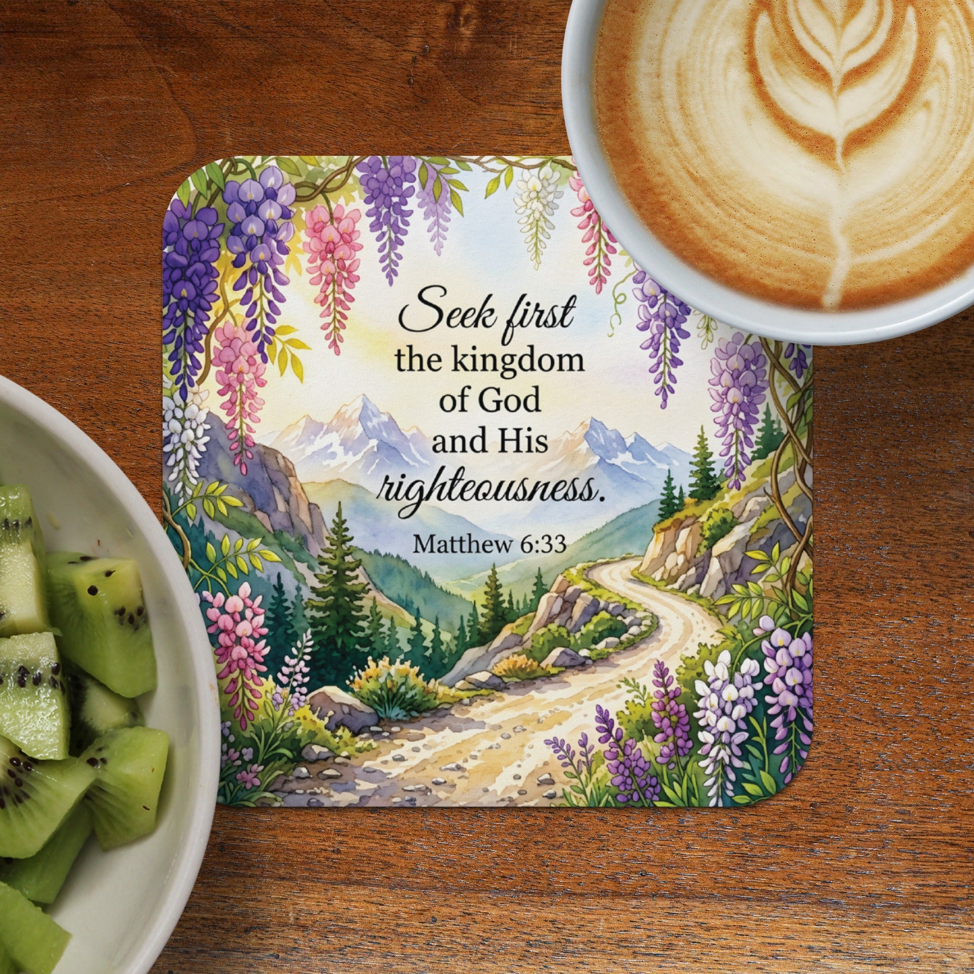 Floral landscape with winding path, mountains, and text "Seek first the kingdom of God and His righteousness. Matthew 6:33".