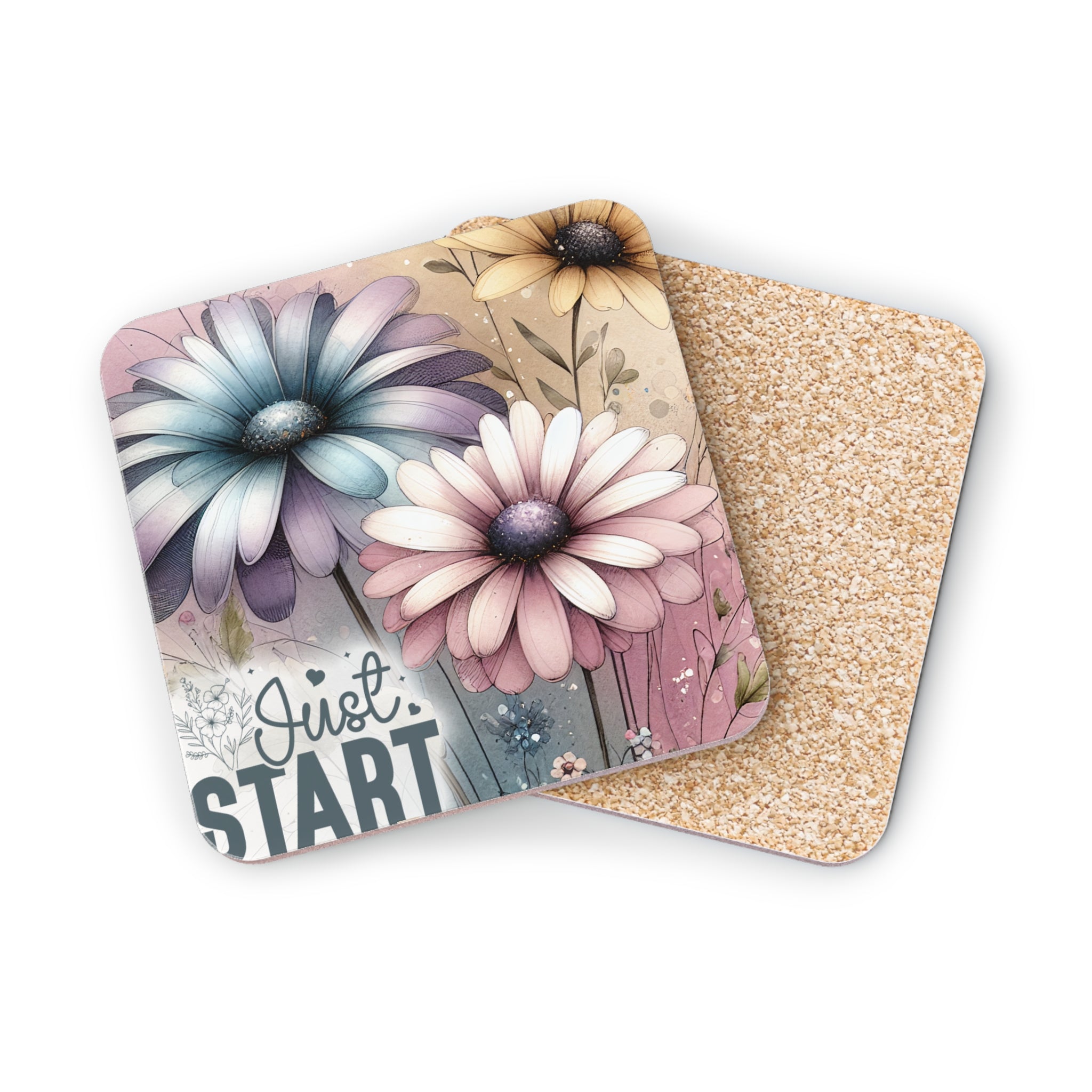 Two coasters with watercolor daisies and the text "Just Start".
