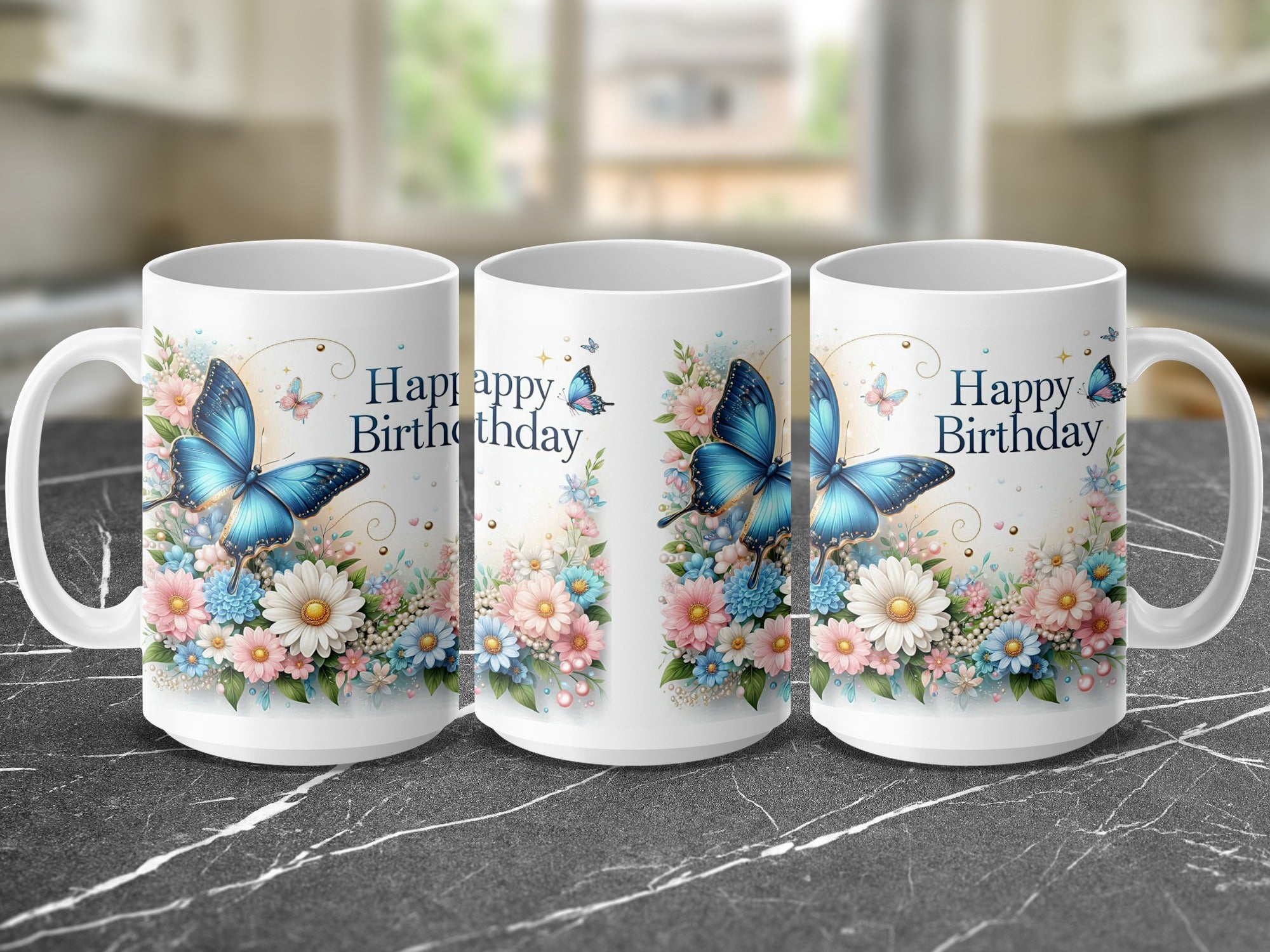 Three white mugs with blue butterflies and "Happy Birthday" text on floral designs.