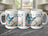 Three white mugs with blue butterflies and "Happy Birthday" text on floral designs.