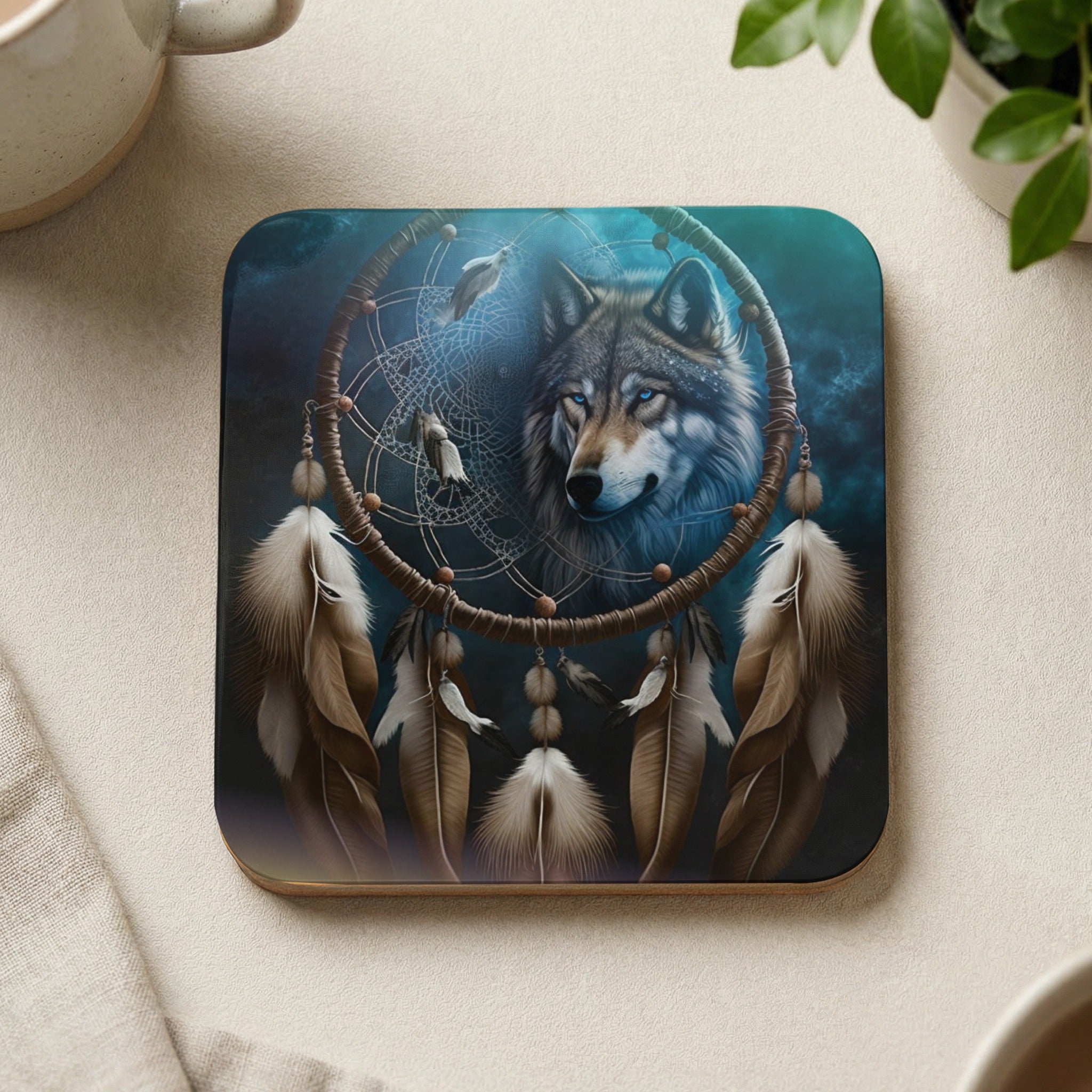 Wolf's face in a dreamcatcher with feathers against a dark, cloudy background.